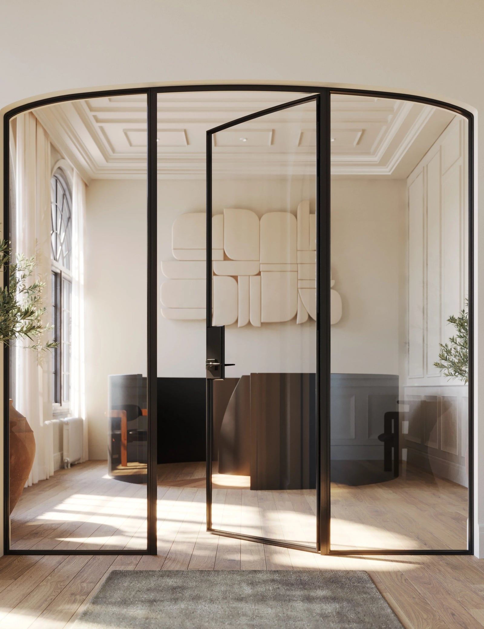 Modular steel door with mini arch top and integrated side glass.