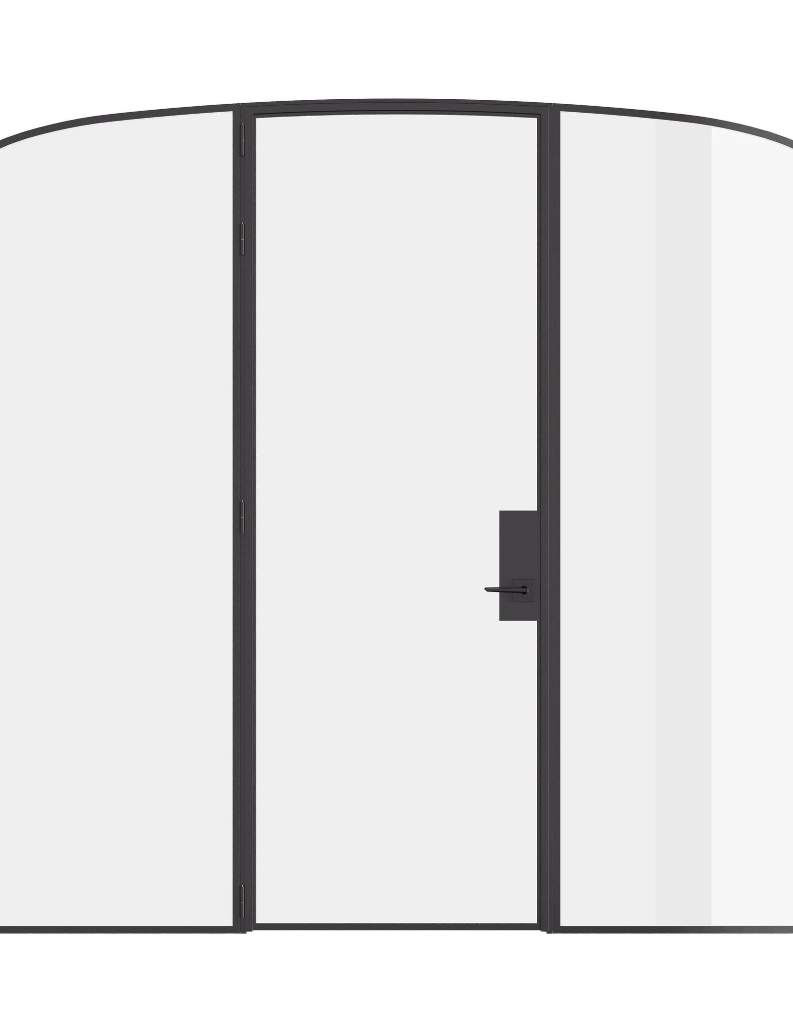 Pre-hung single mini arch steel door with sidelights and narrow sightlines.