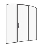 Architectural single door with curved lite and flanking sidelights.