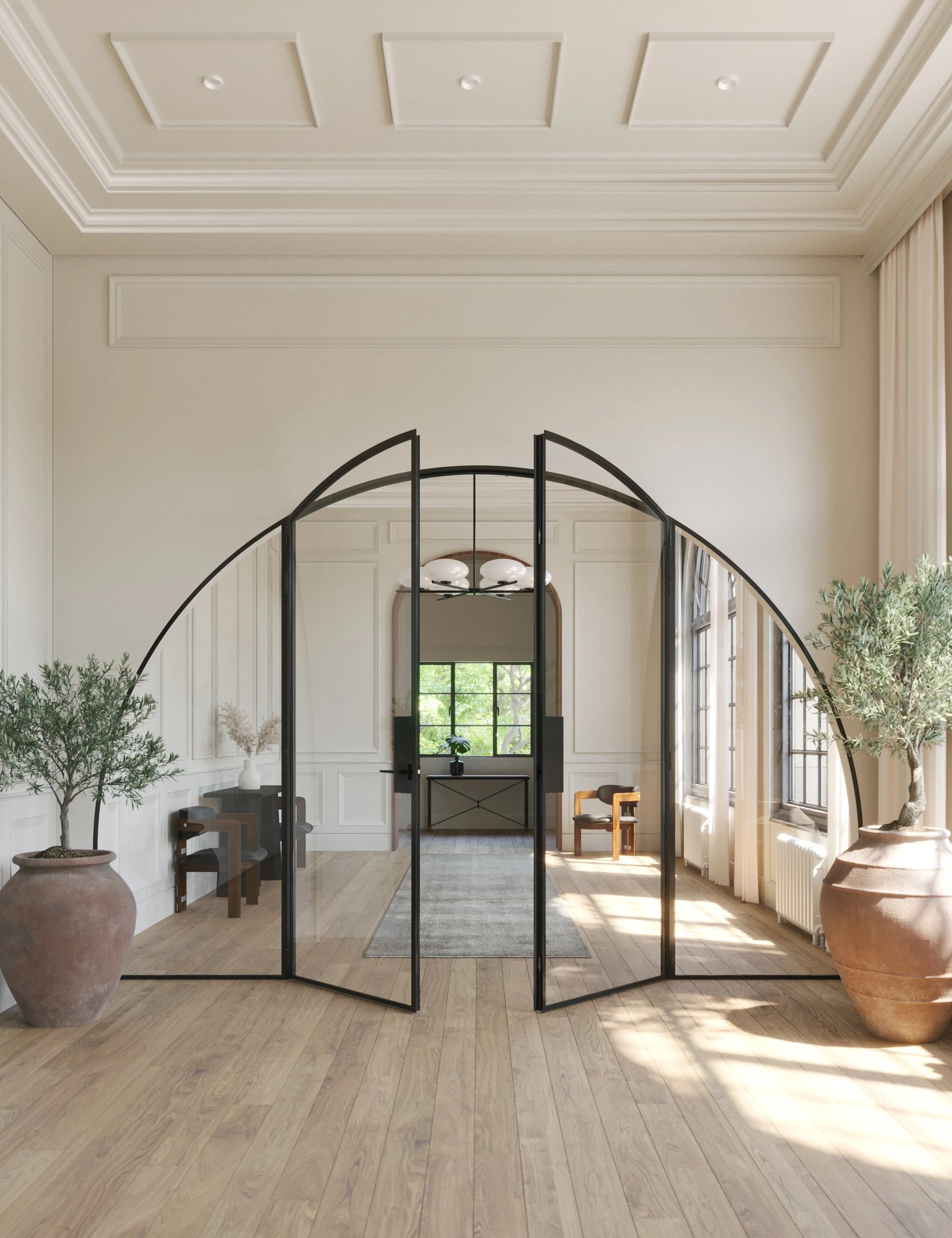 Wide-span double arch steel door with side windows and narrow architectural framing.