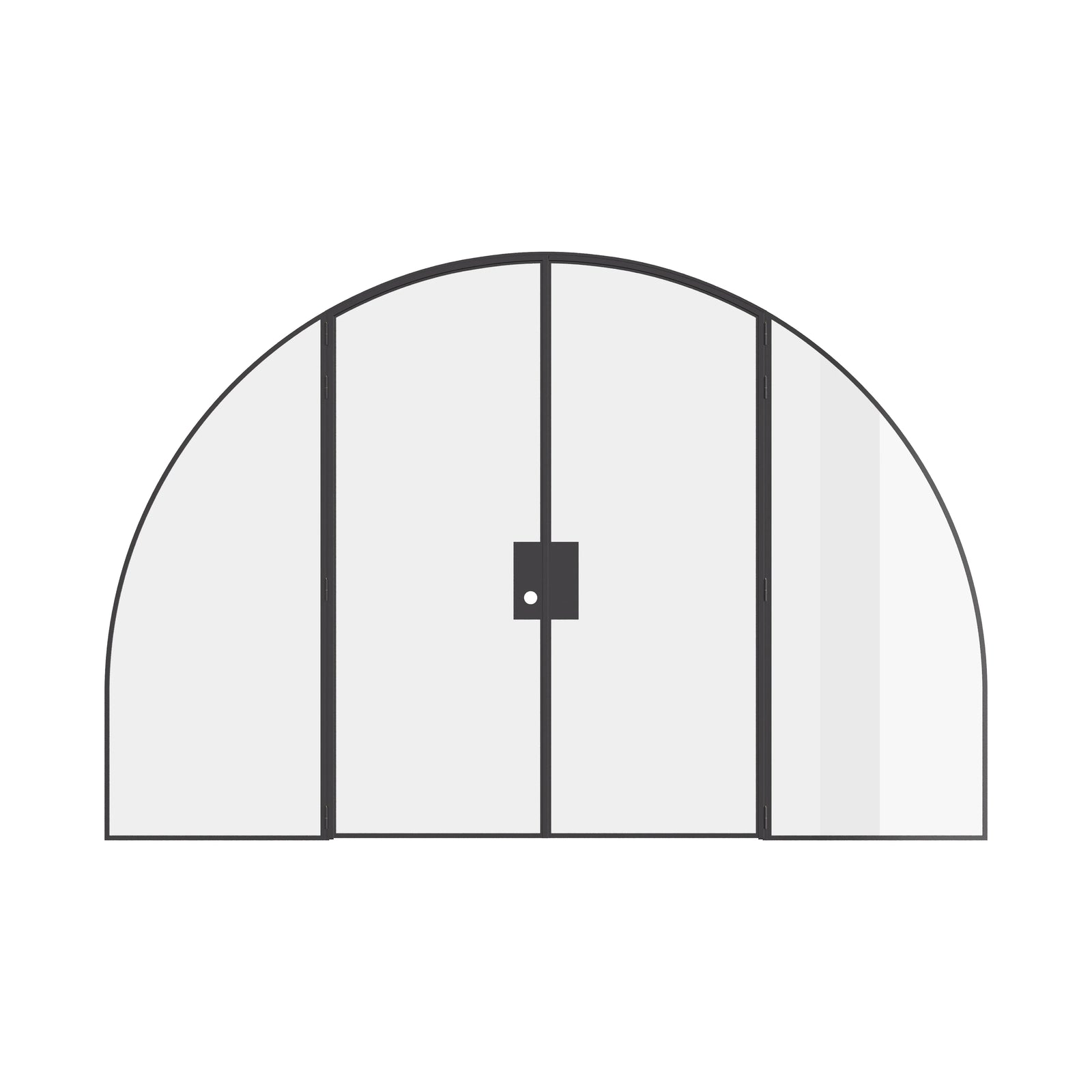 Solid steel wide double door with curved tops and slim sightlines.