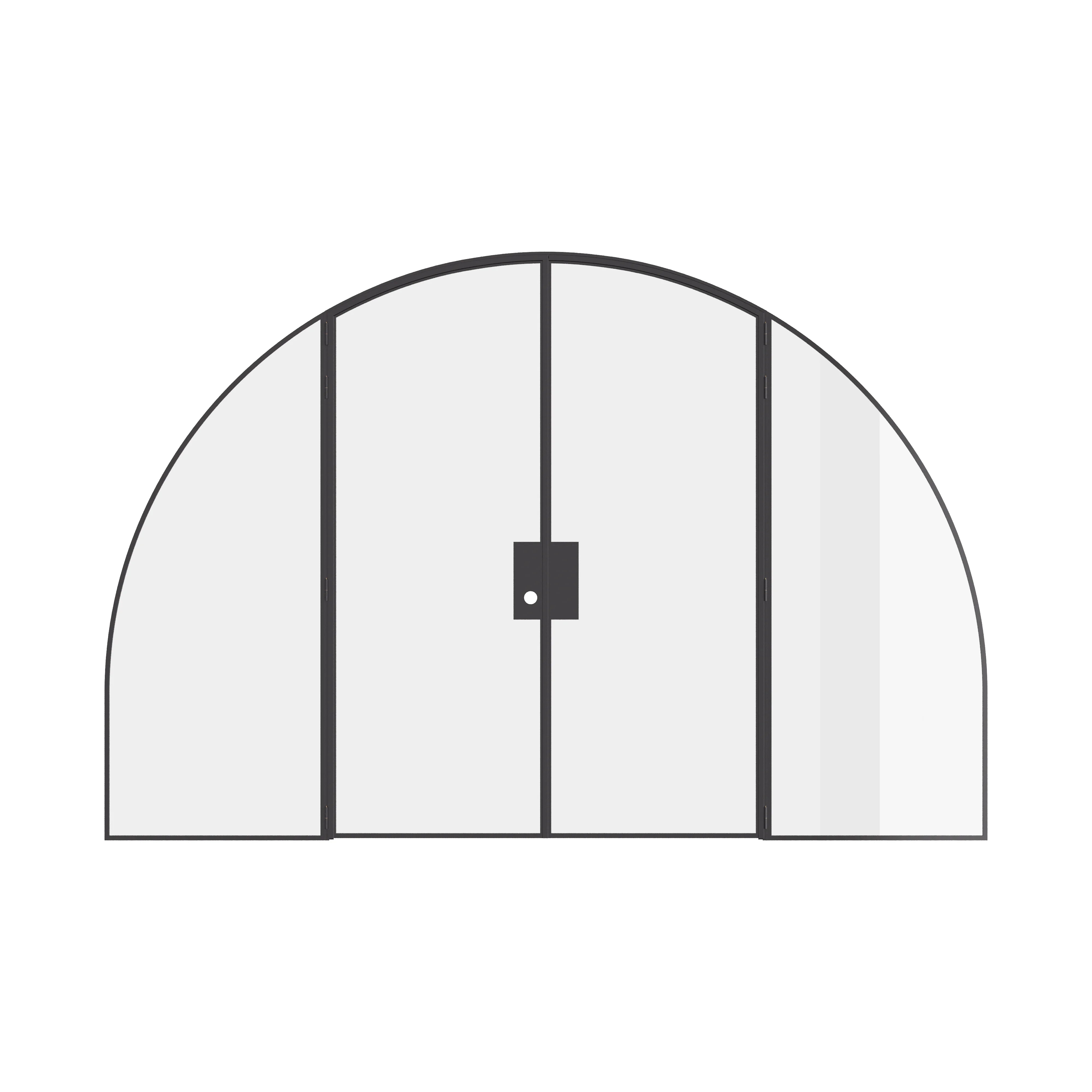 Solid steel wide double door with curved tops and slim sightlines.