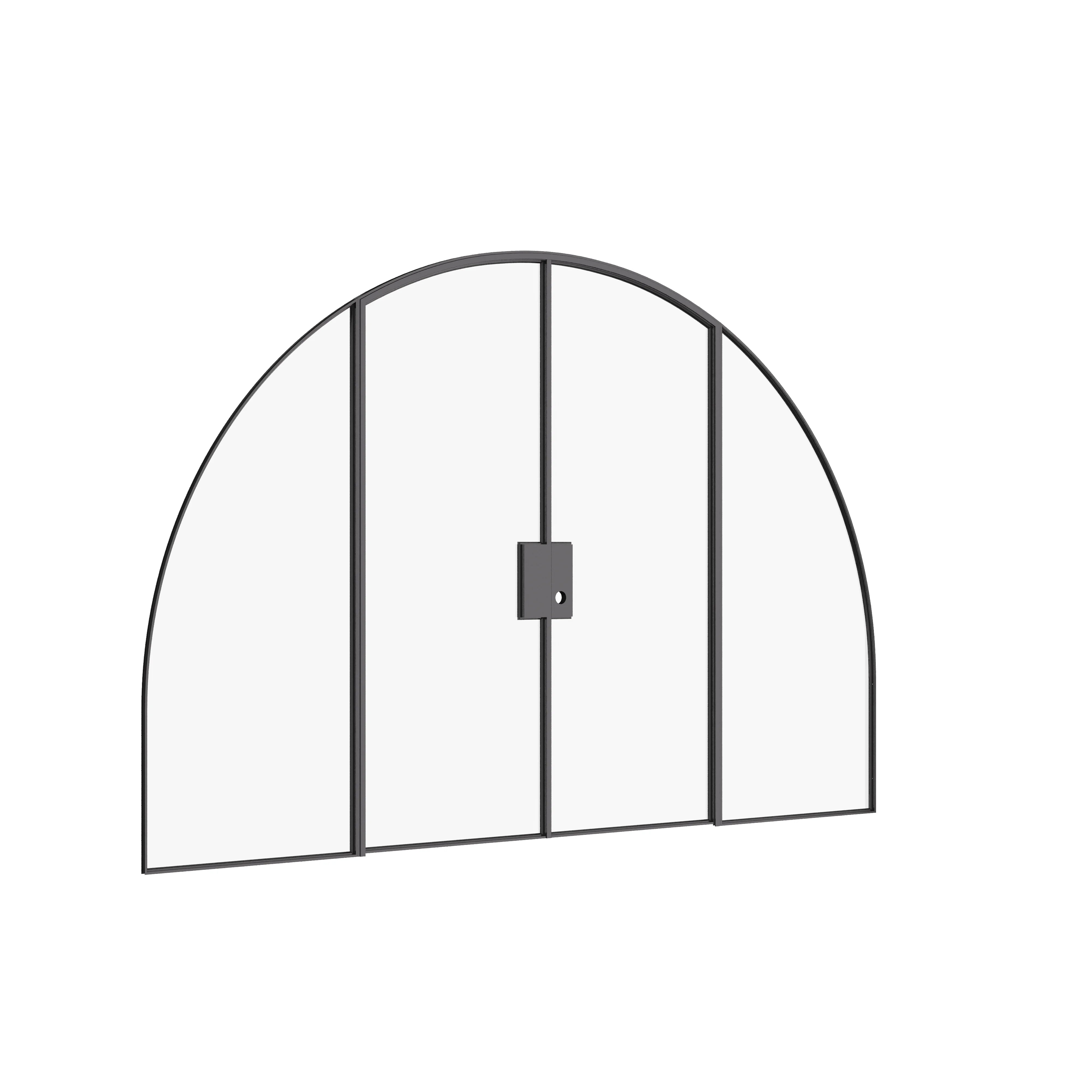 Architectural wide double full arch steel door with flanking glass panels.