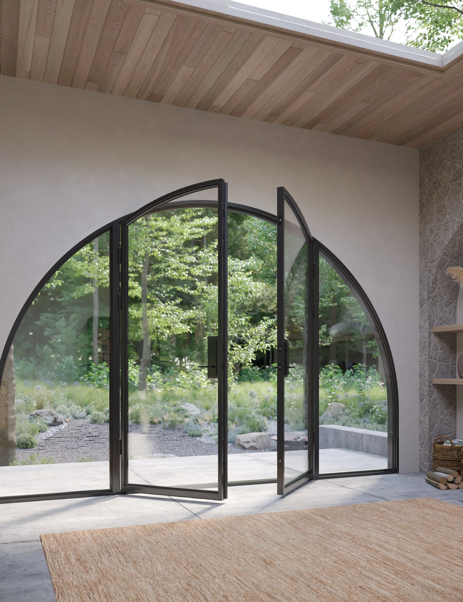 Wide double full arch insulated steel door with dual pane glass.