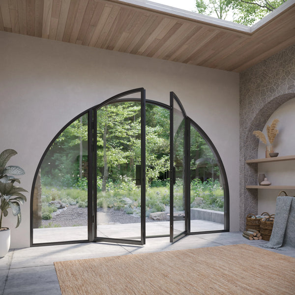 Wide double full arch insulated steel door with dual pane glass.