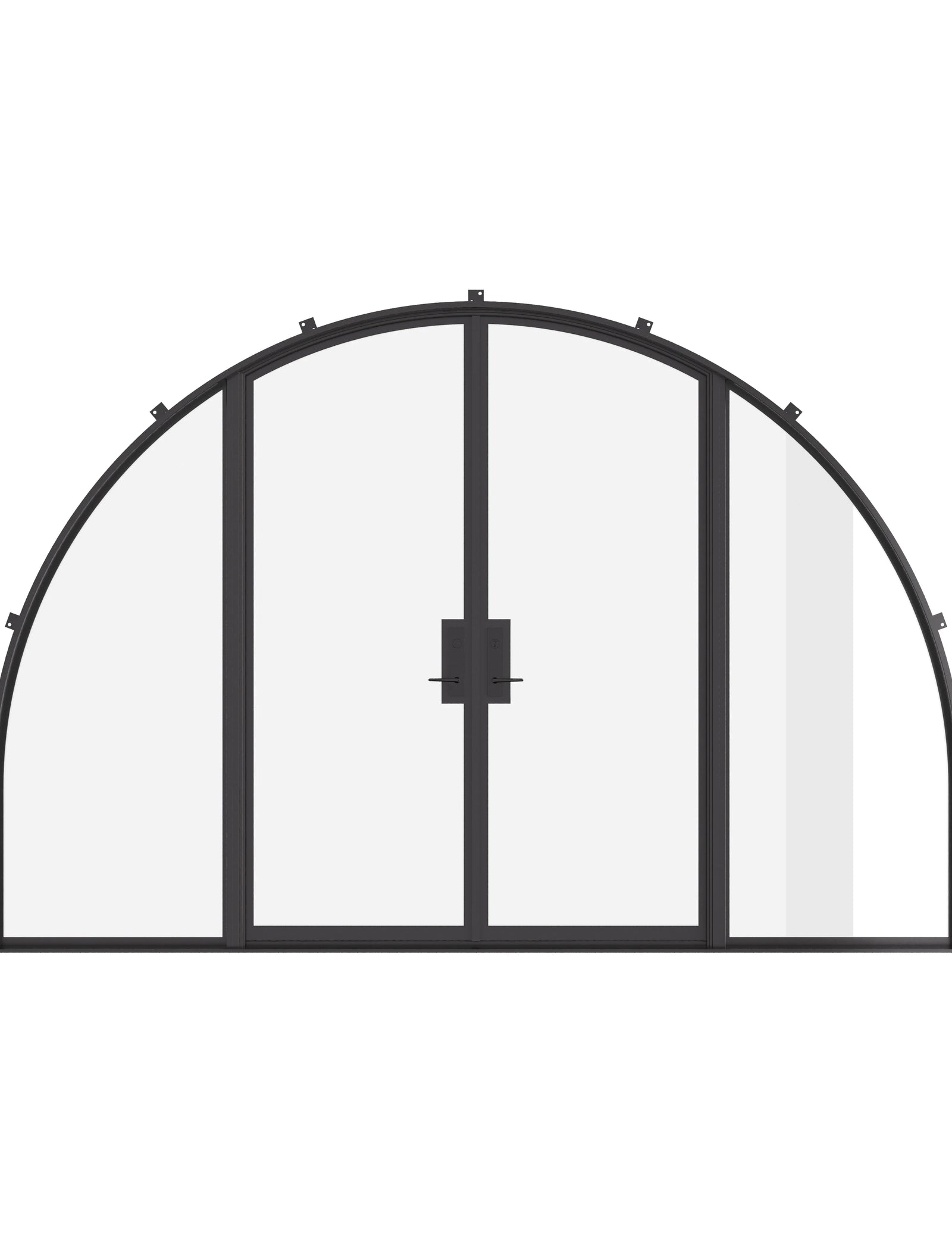 Wide double full arch steel doors with sidelights, certified glass.