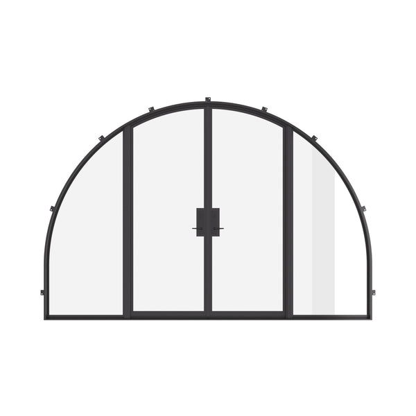 Wide double full arch steel doors with sidelights, certified glass.