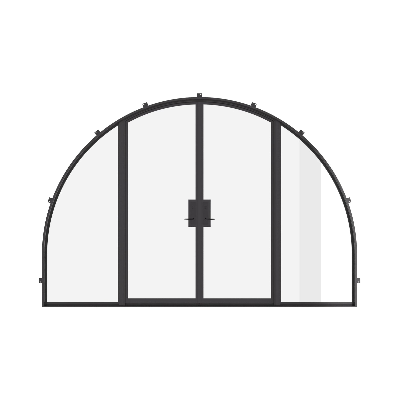 Wide double full arch thermal break steel door with sidelights.