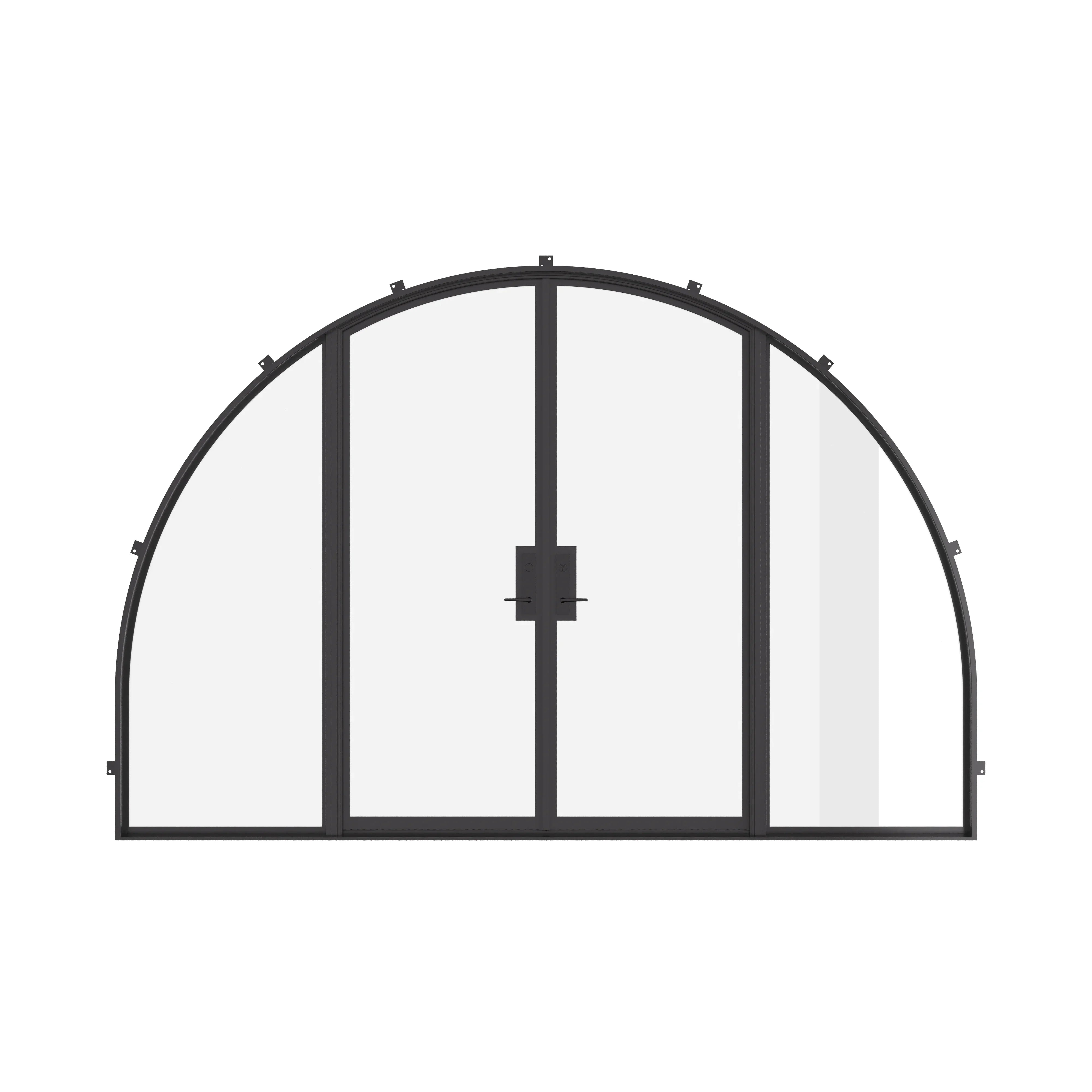 Wide double full arch thermal break steel door with sidelights.