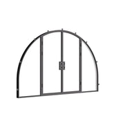 Architectural wide double arch steel doors with sidelights.