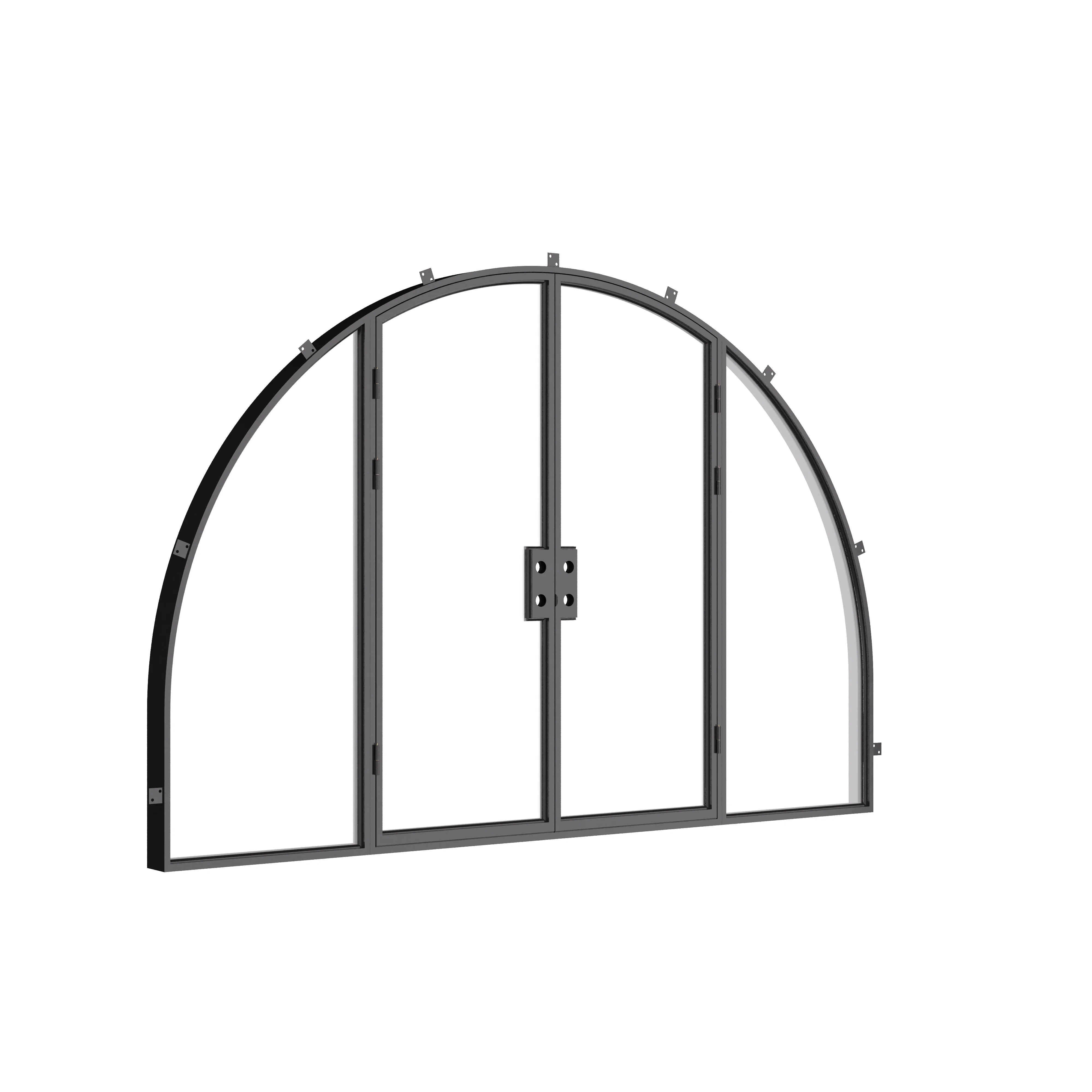 Architectural wide double arch steel doors with sidelights.