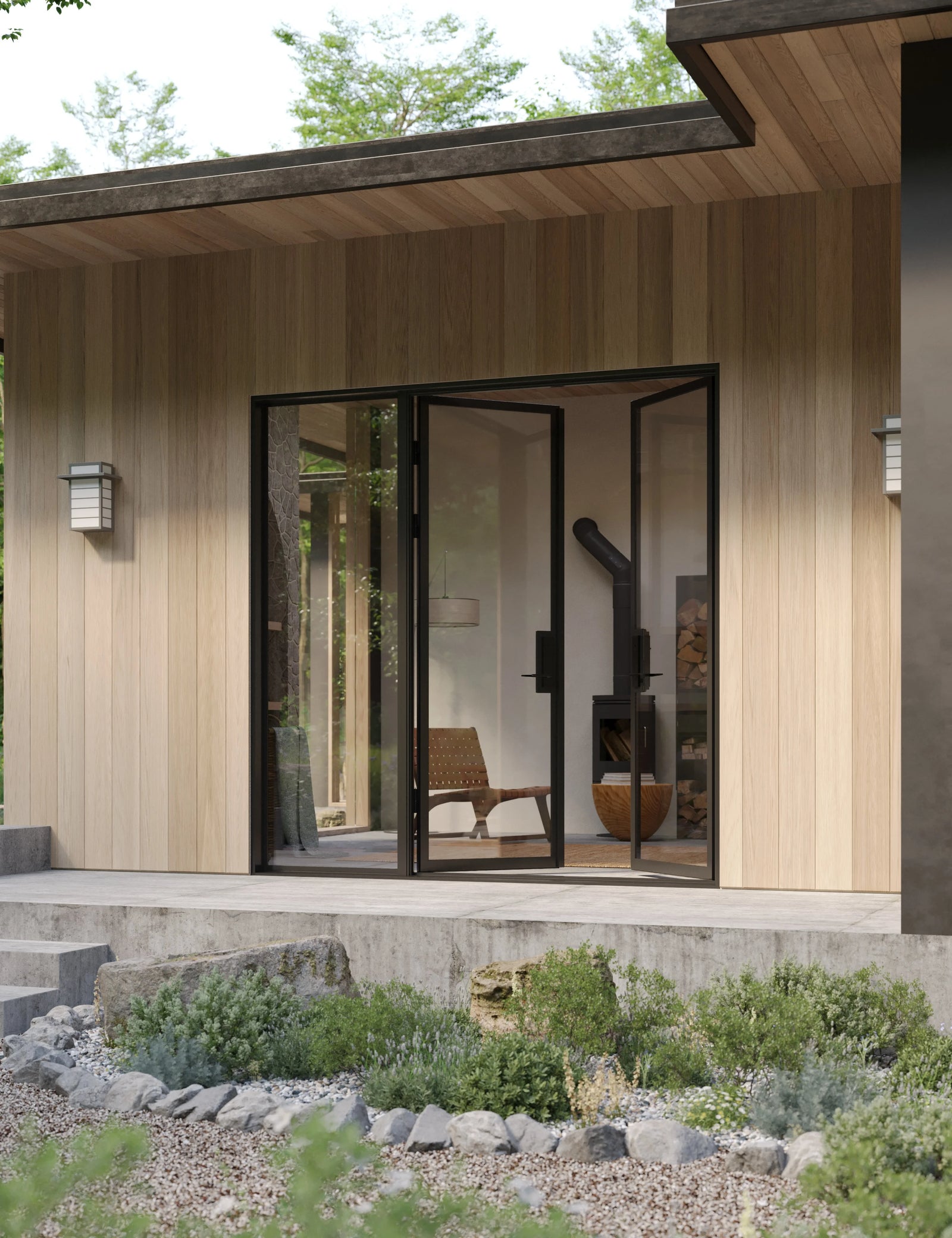 Paired flat steel entry with sidelights and insulated glass.