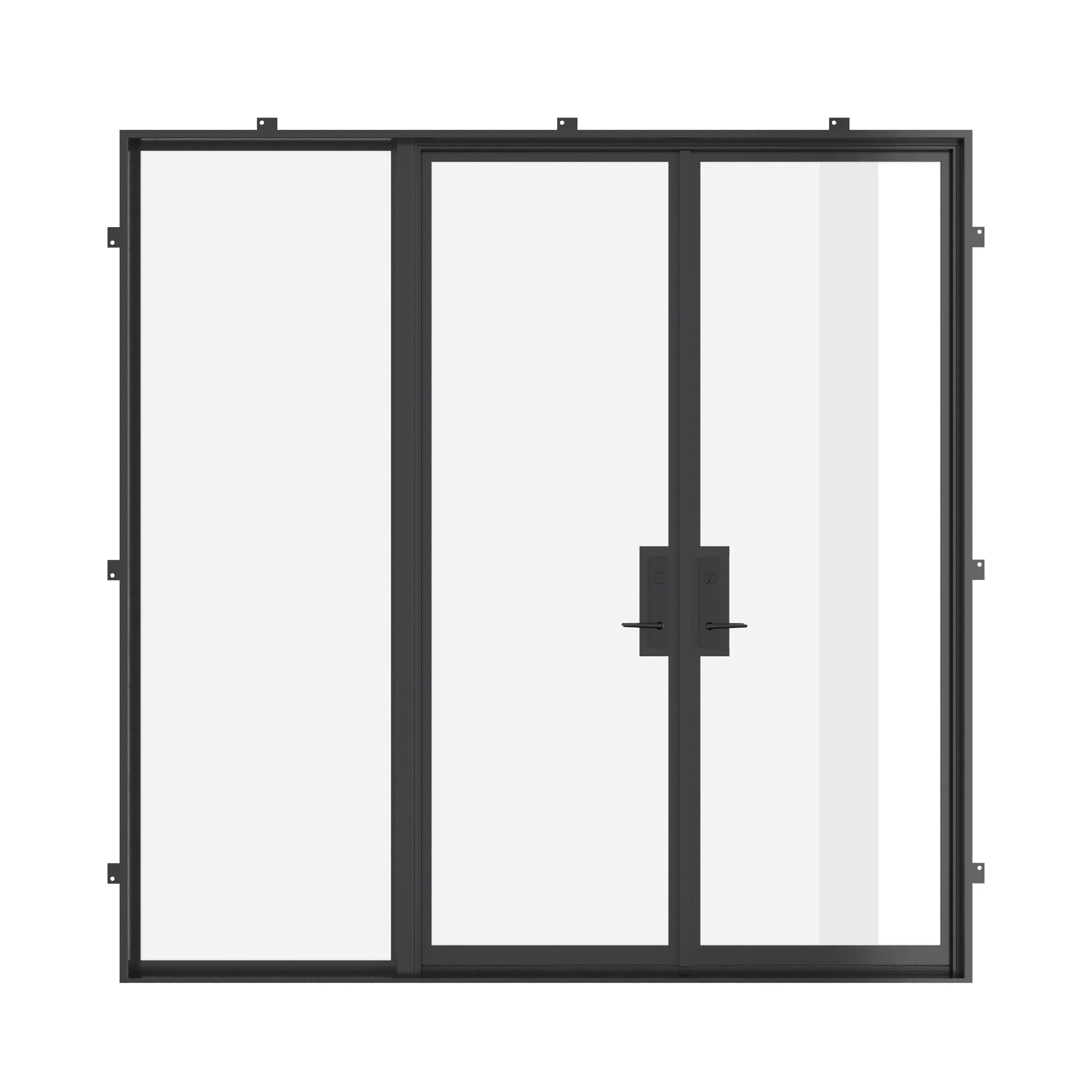 Double flat thermal break steel door with left sidelight and dual pane glass.