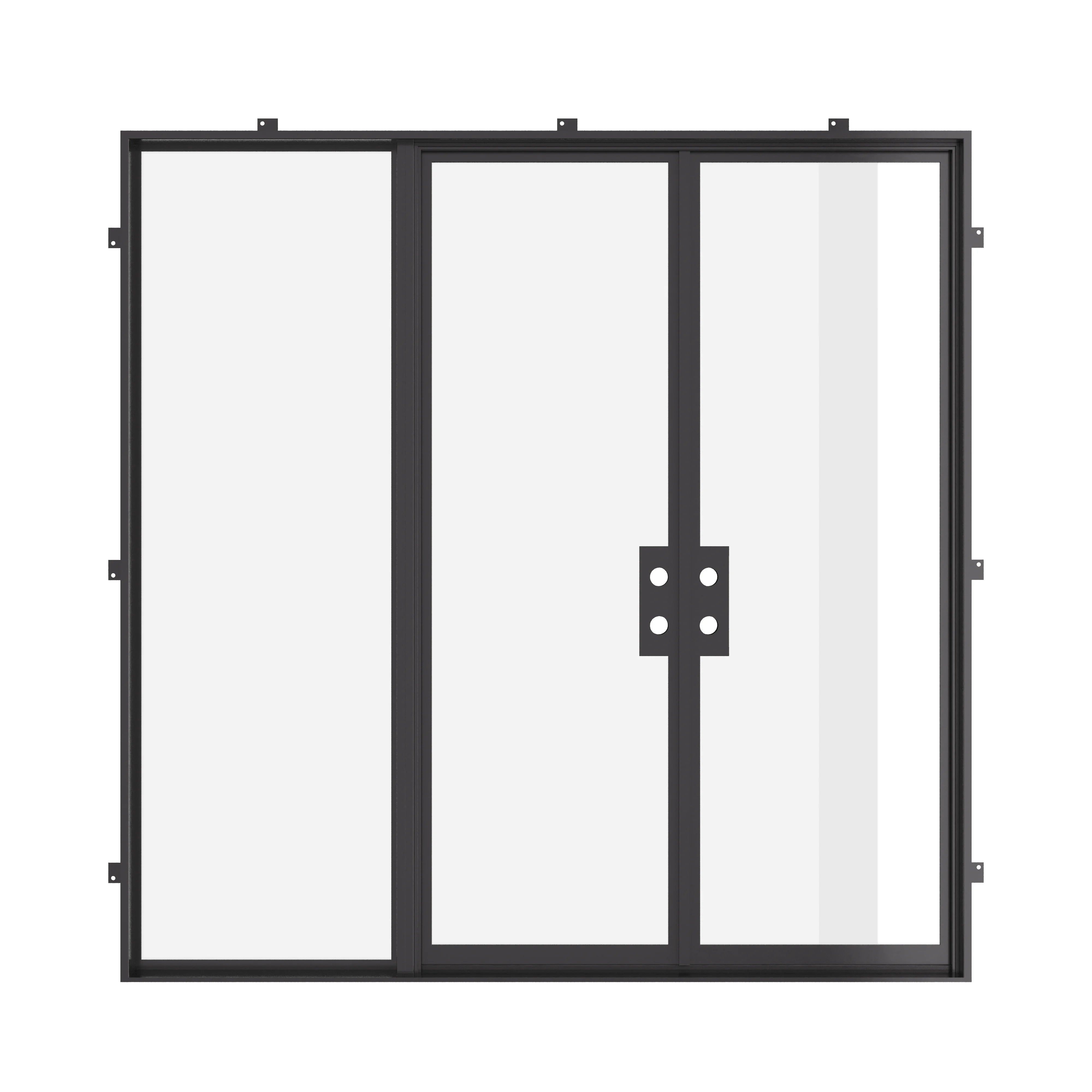 Cold-rolled double steel doors with sidelights and low-E glazing.