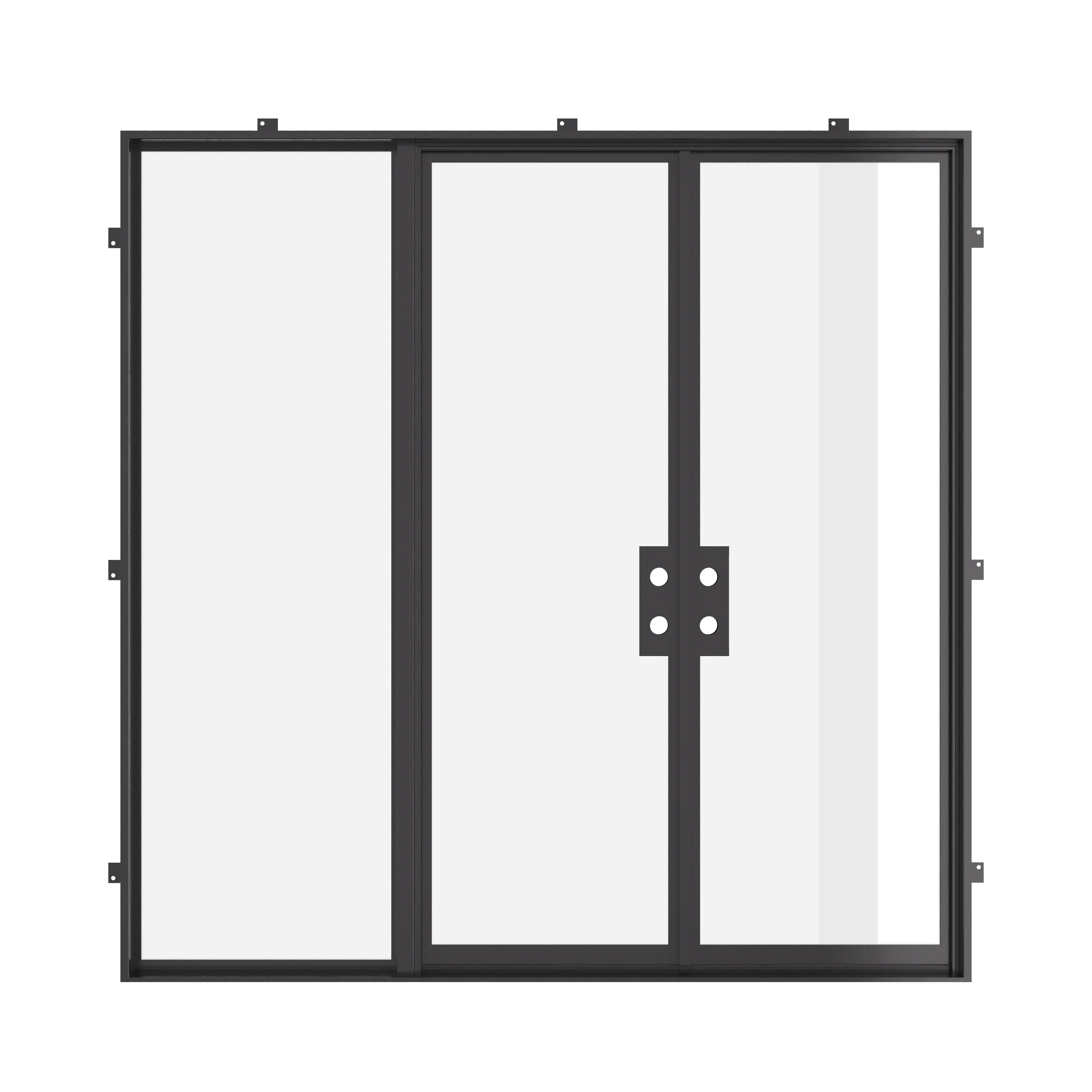 Double flat insulated steel door with narrow profiles and sidelight.