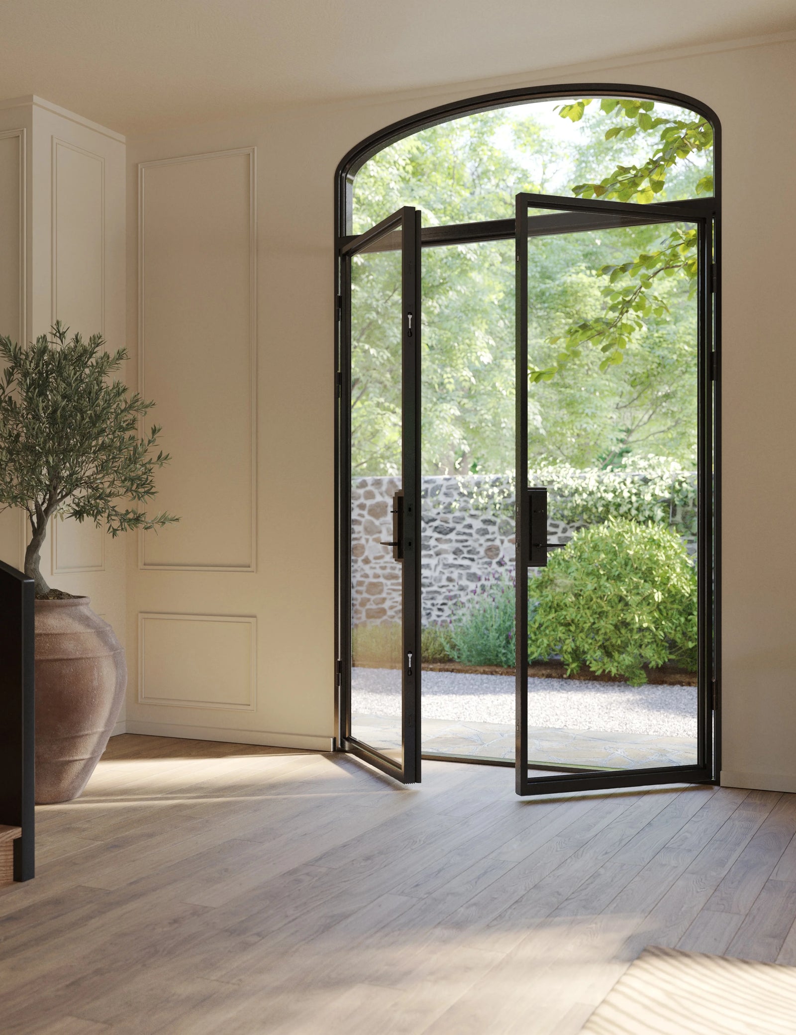 Paired flat steel entry with mini arch top window.