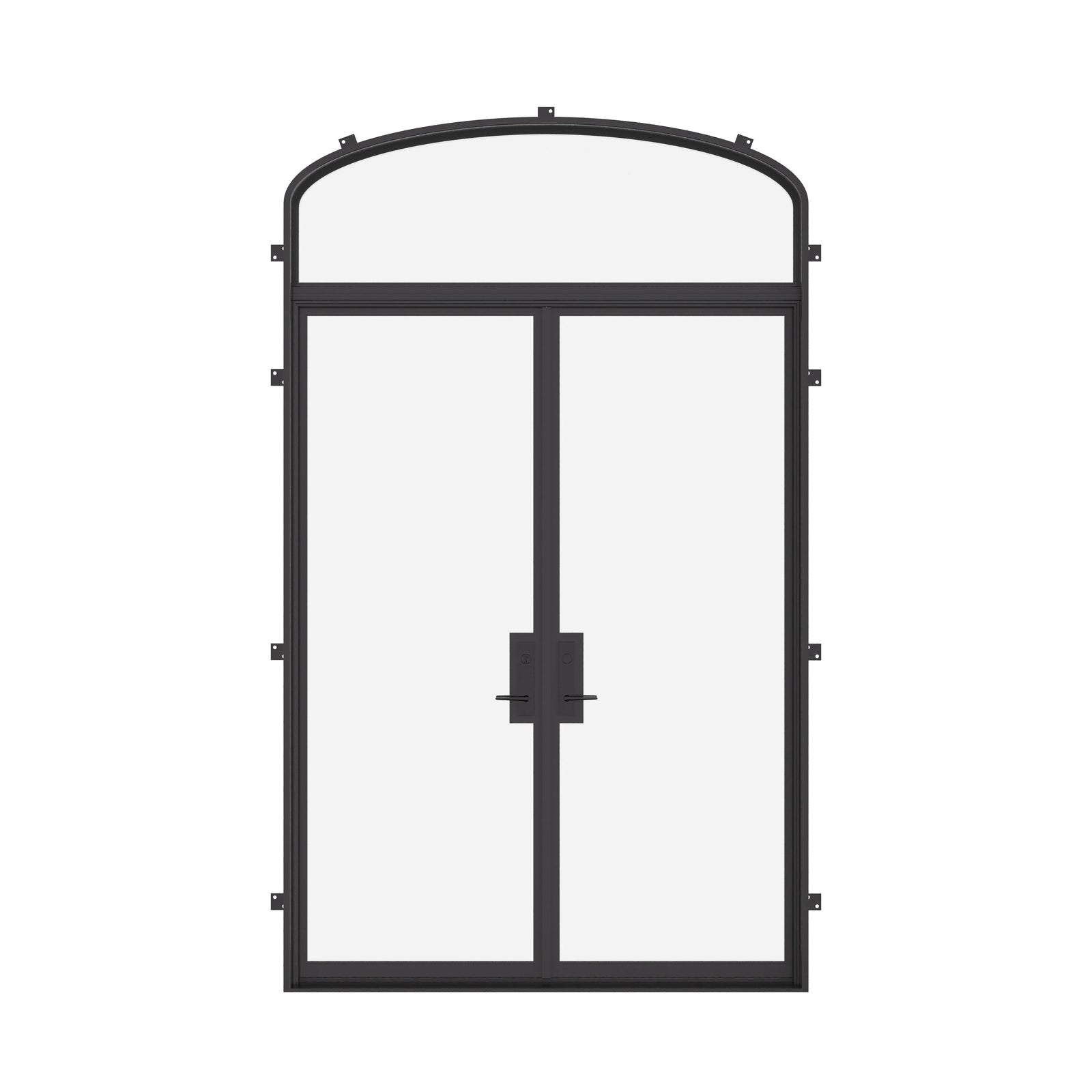 Double flat steel doors with mini arch transom, NFRC-rated.
