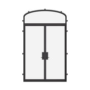 Double flat steel doors with mini arch transom, NFRC-rated.
