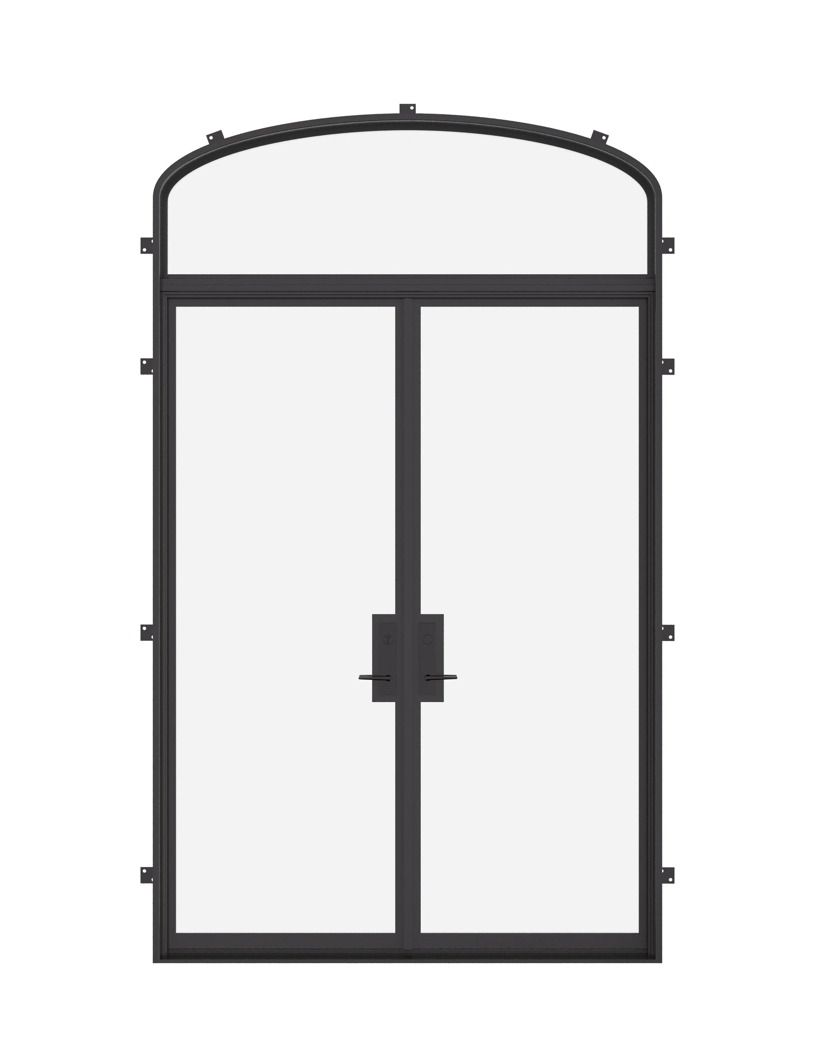 Double flat steel doors with mini arch transom, NFRC-rated.
