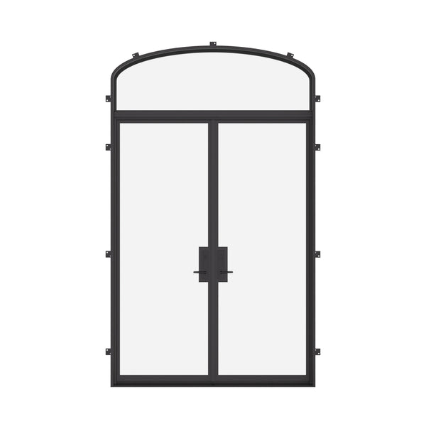 Double flat steel doors with mini arch transom, NFRC-rated.