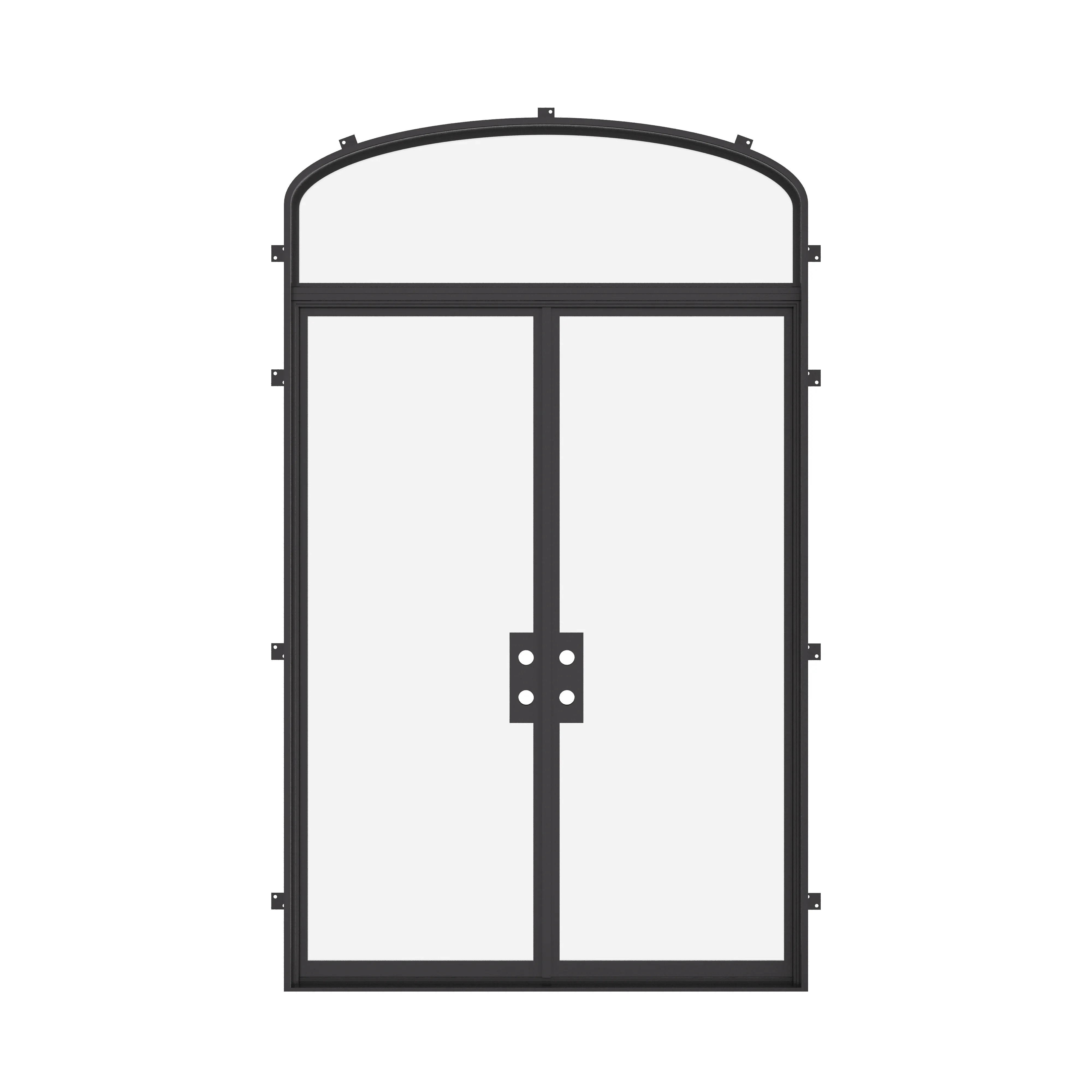 Cold-rolled double flat steel entry with arched transom.