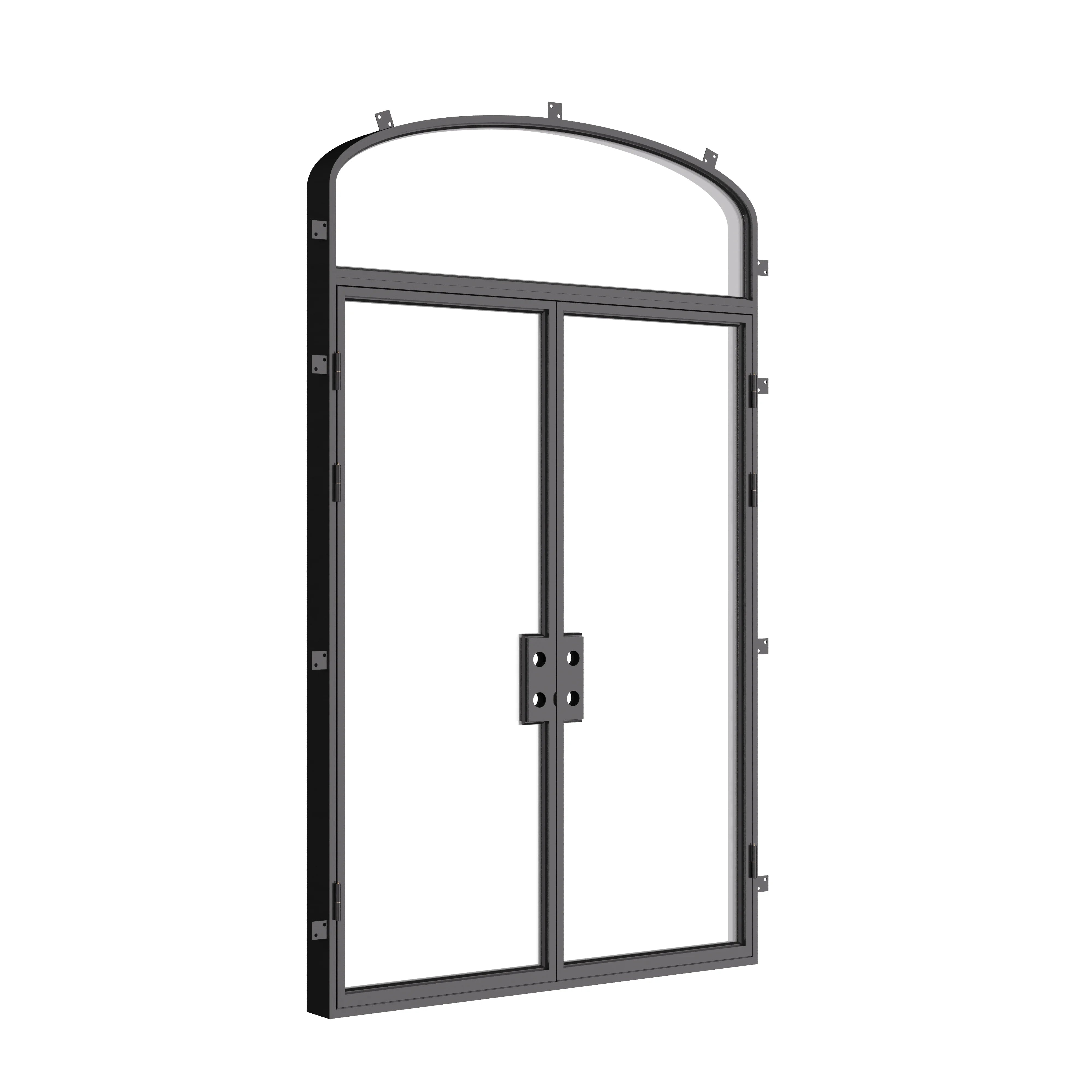 Architectural double flat steel doors with arched transom.