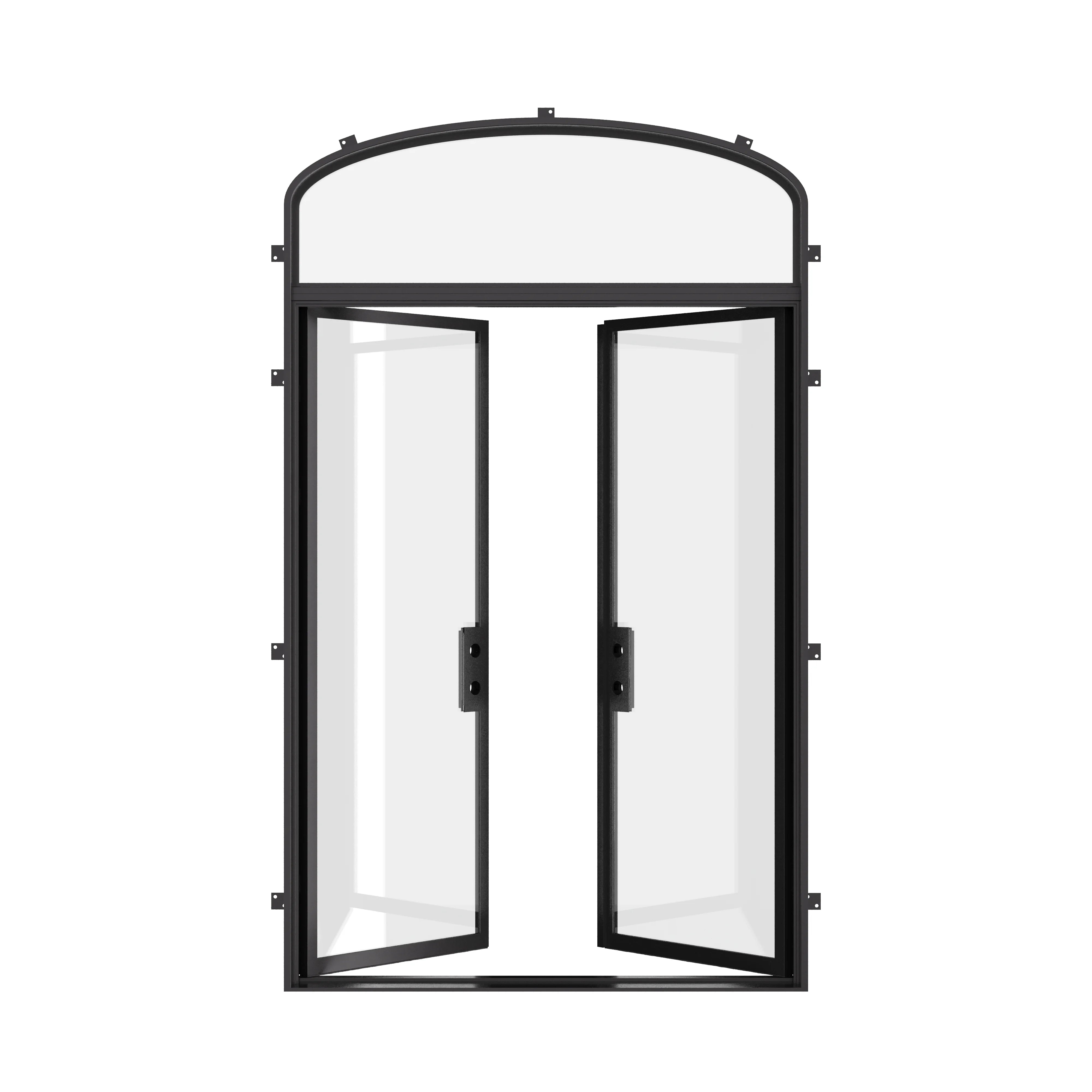 Exterior double flat steel door system with mini arch lite.