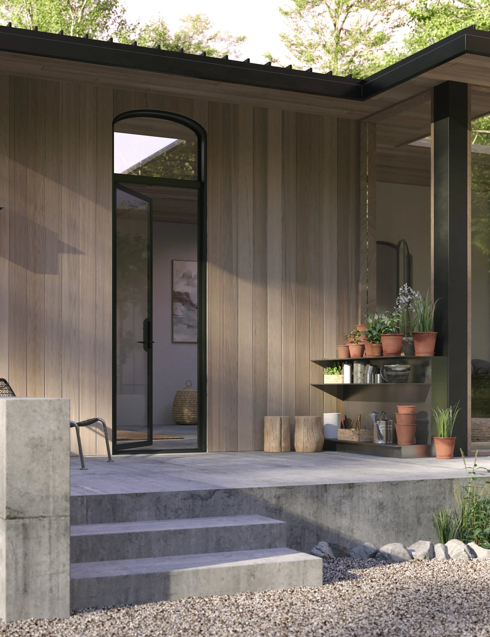 Flat steel entry with mini arch top window.