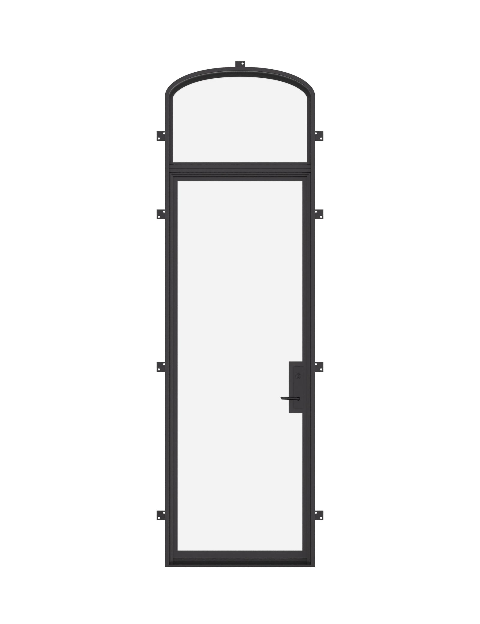 Single flat steel door with mini arch transom.