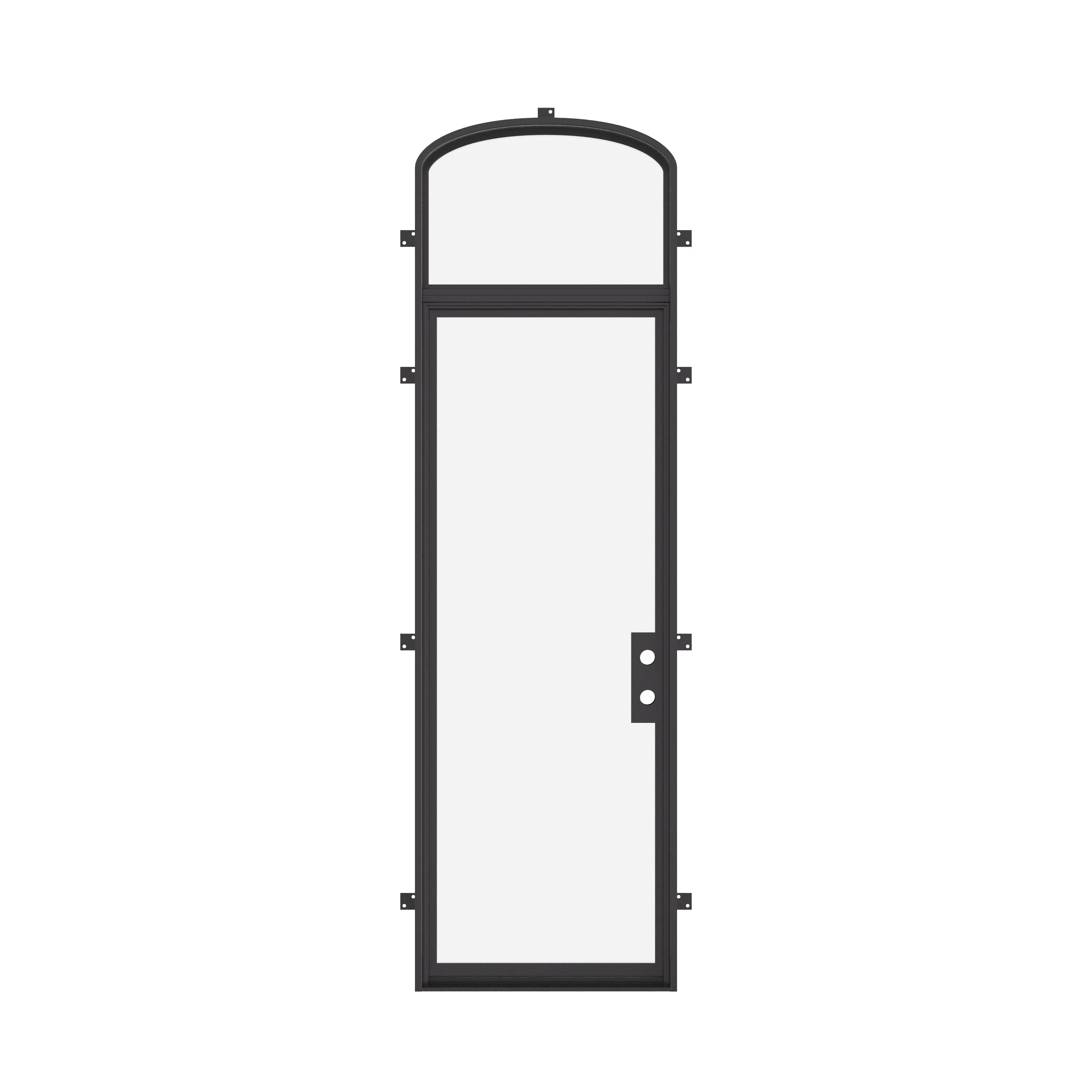 Cold-rolled flat steel entry with arched transom.