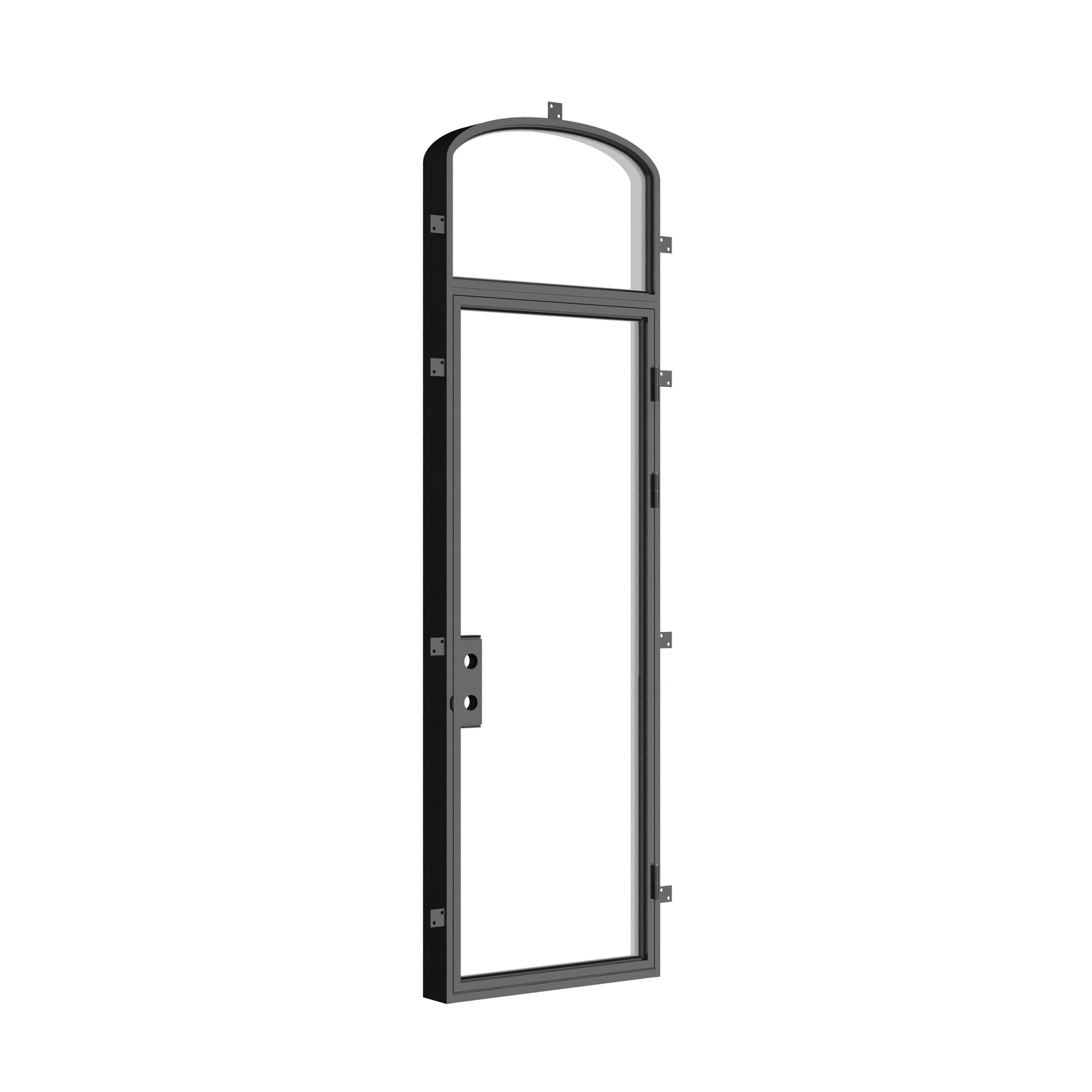 Architectural single flat steel door with arched transom.