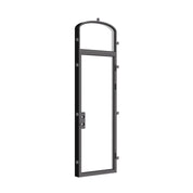 Architectural single flat steel door with arched transom.