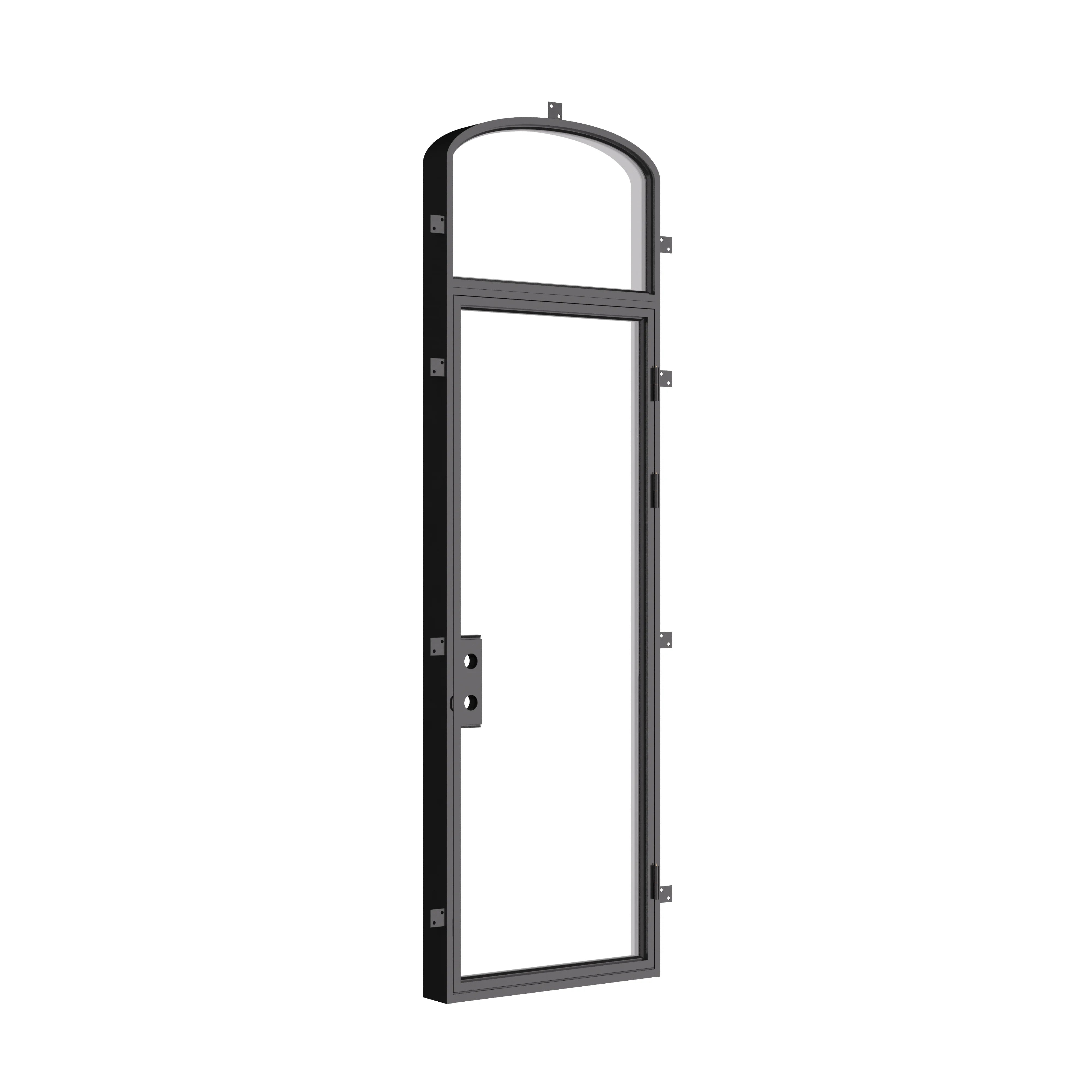 Architectural single flat steel door with arched transom.