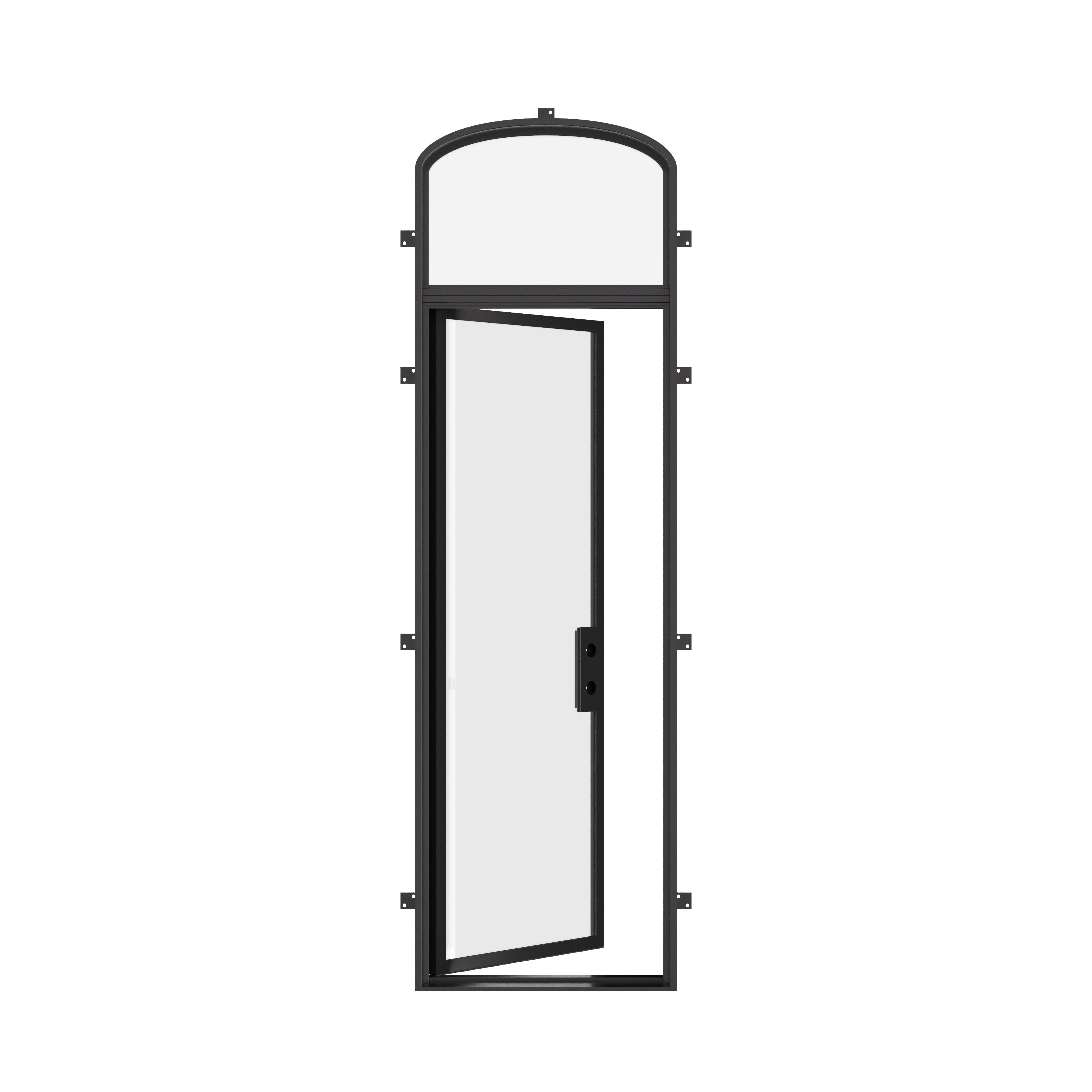 Exterior flat steel door with mini arch lite.