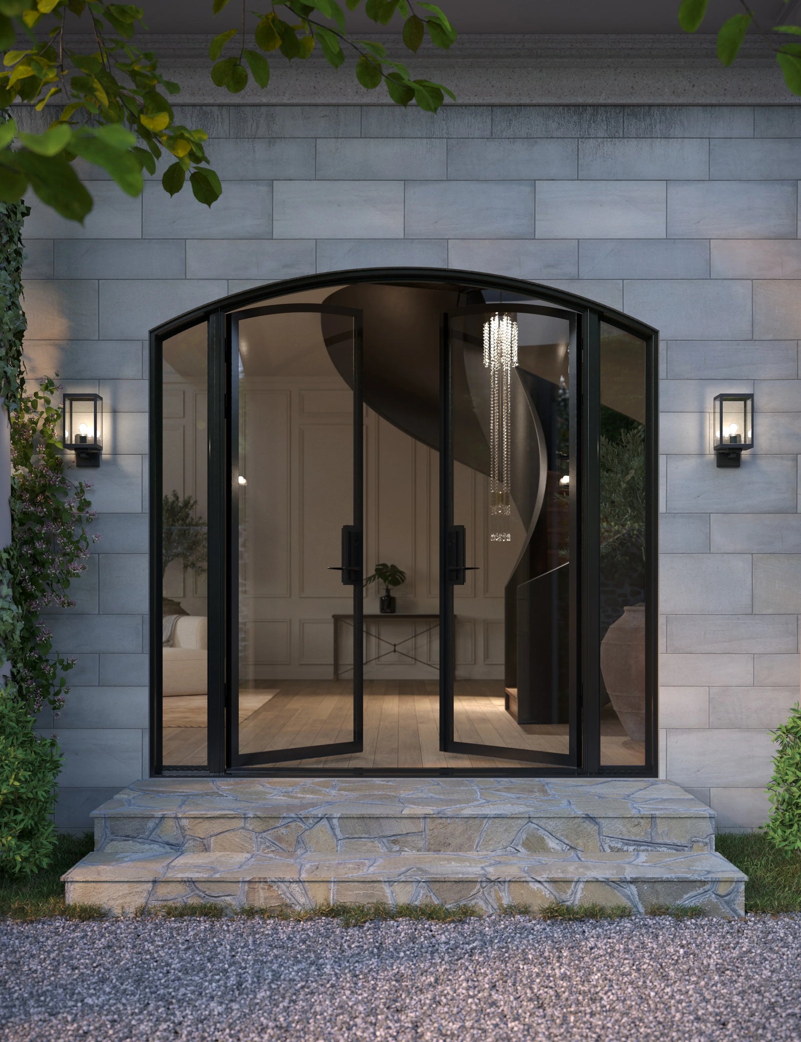 Paired arch steel entry with side windows and low-E glass.