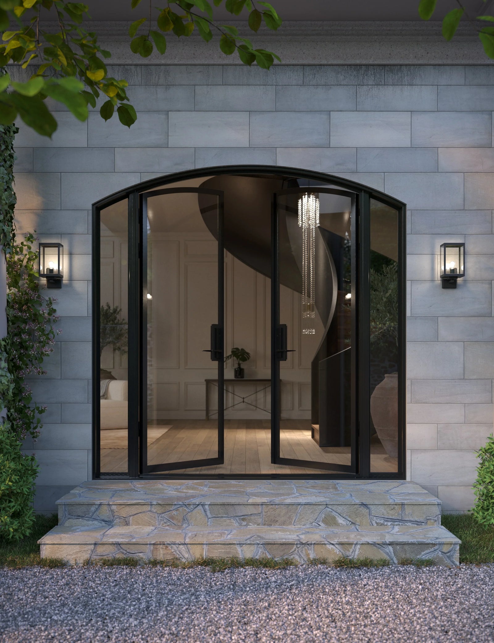 Architectural double arch steel entry with side windows and thermal break core