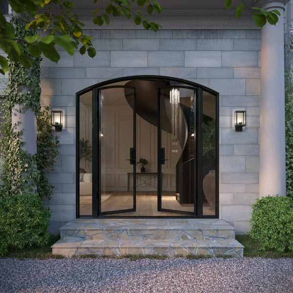 Architectural double arch steel entry with side windows and thermal break core