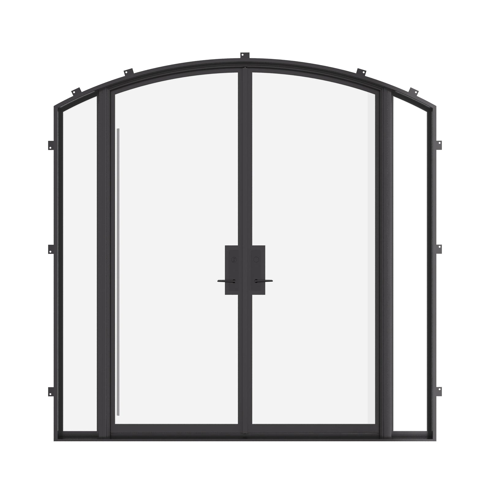 Double arch steel doors with sidelights and certified ratings.