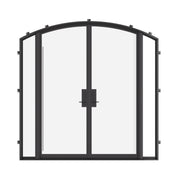 Double arch steel doors with sidelights and certified ratings.