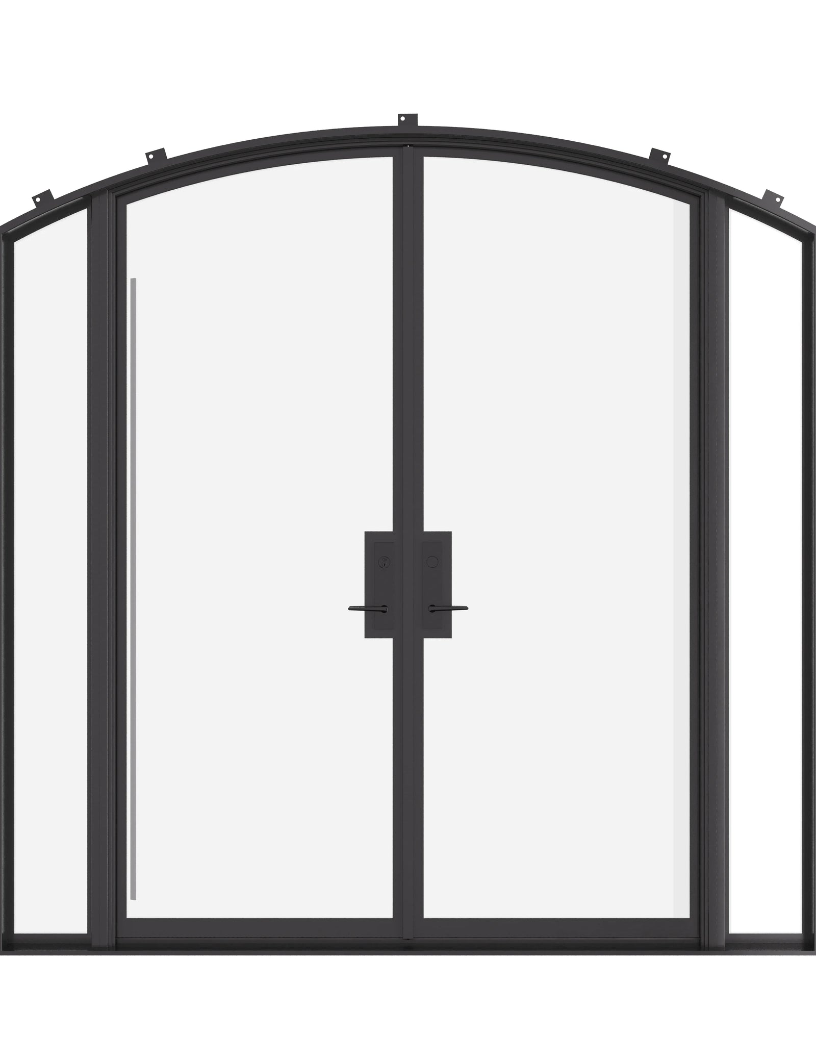 Double arch steel doors with sidelights and certified ratings.