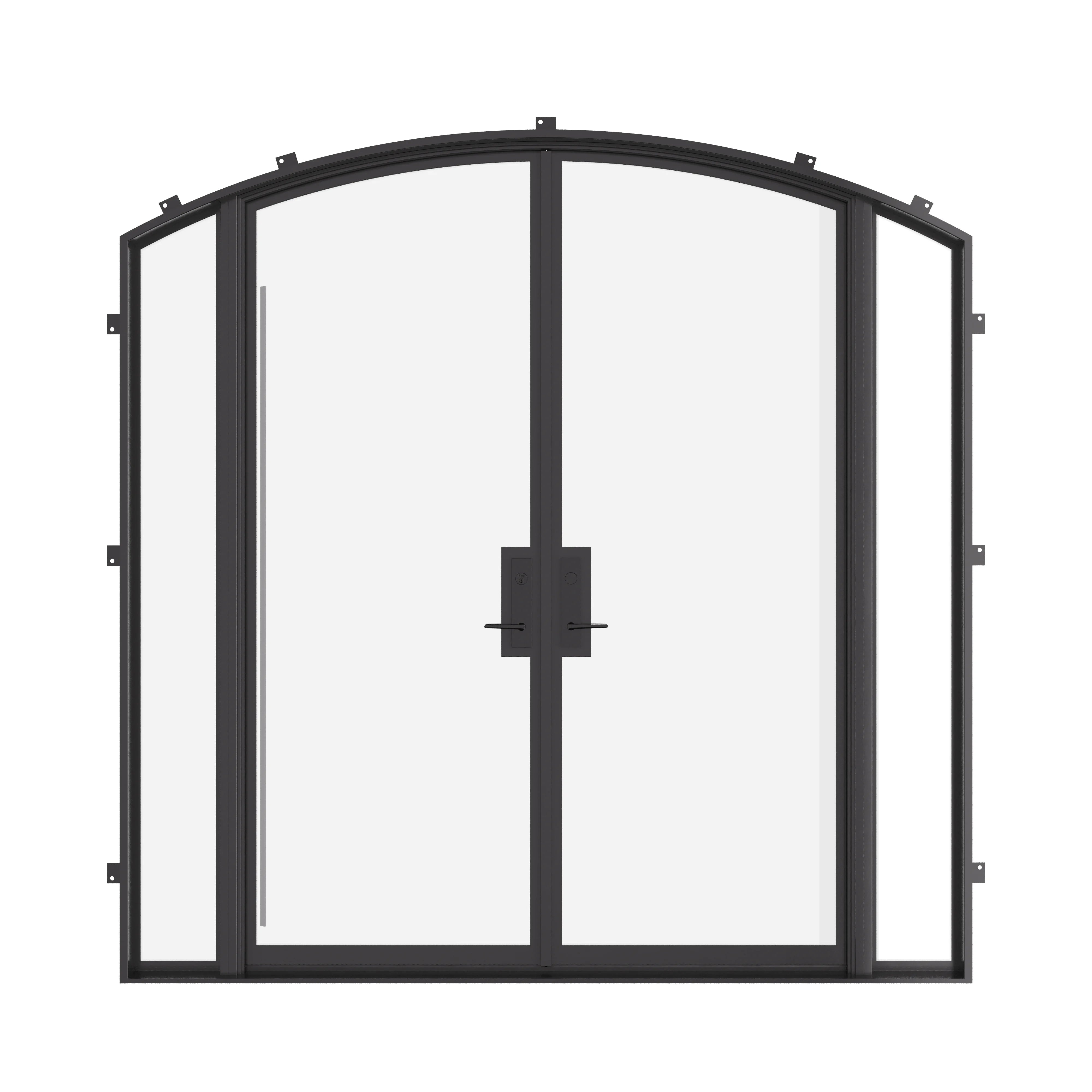 Double arch steel doors with sidelights and certified ratings.