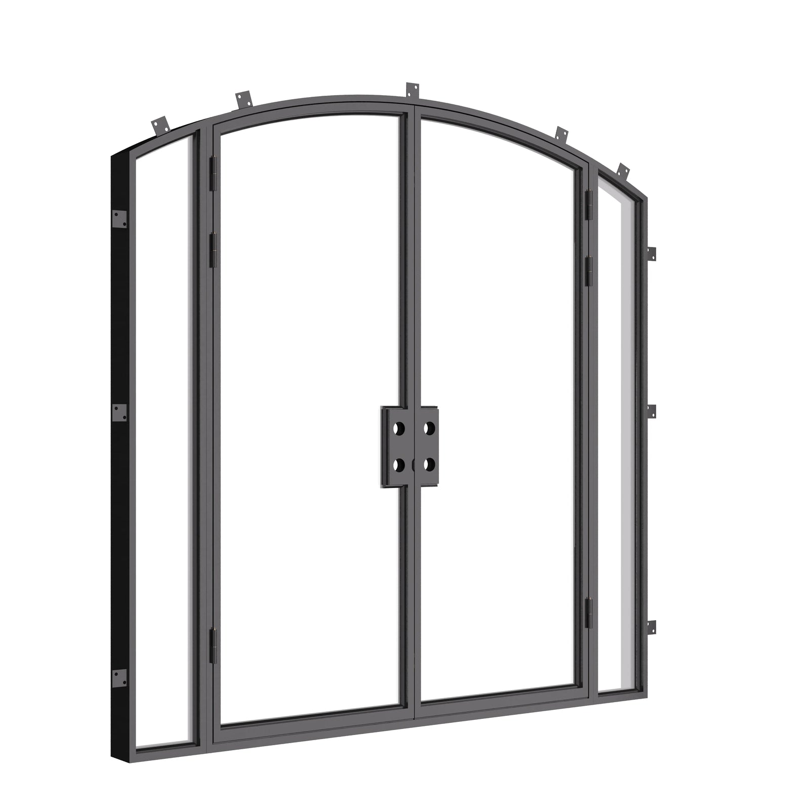 Architectural double arch steel doors with sidelights.
