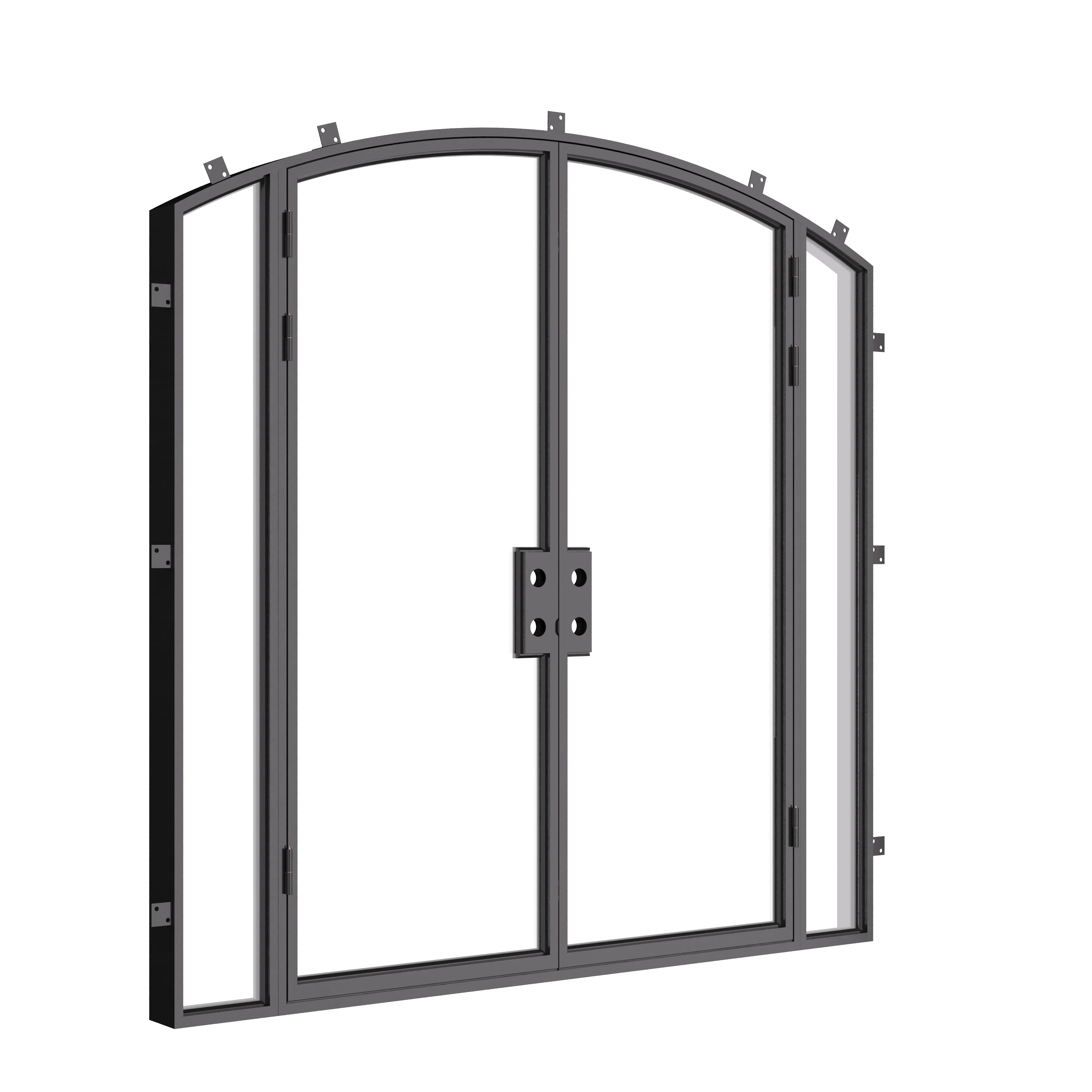 Architectural double arch steel doors with sidelights.