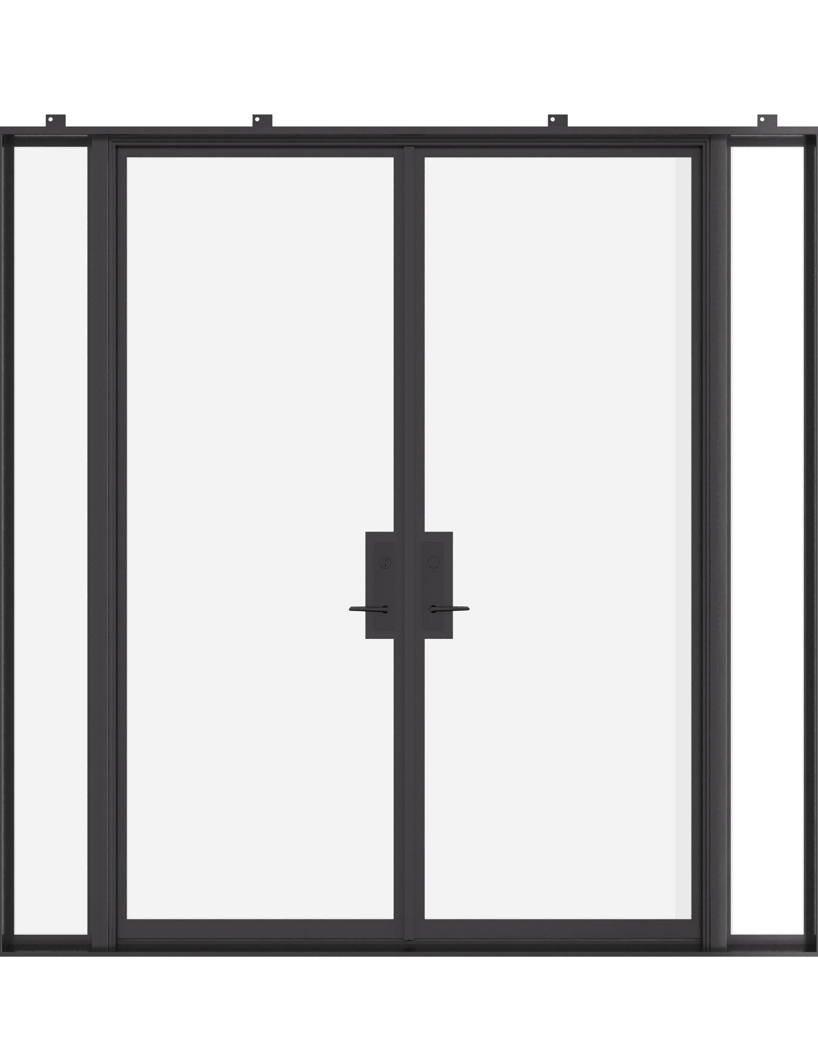 Double flat steel doors with sidelights, NFRC-rated and pre-hung.