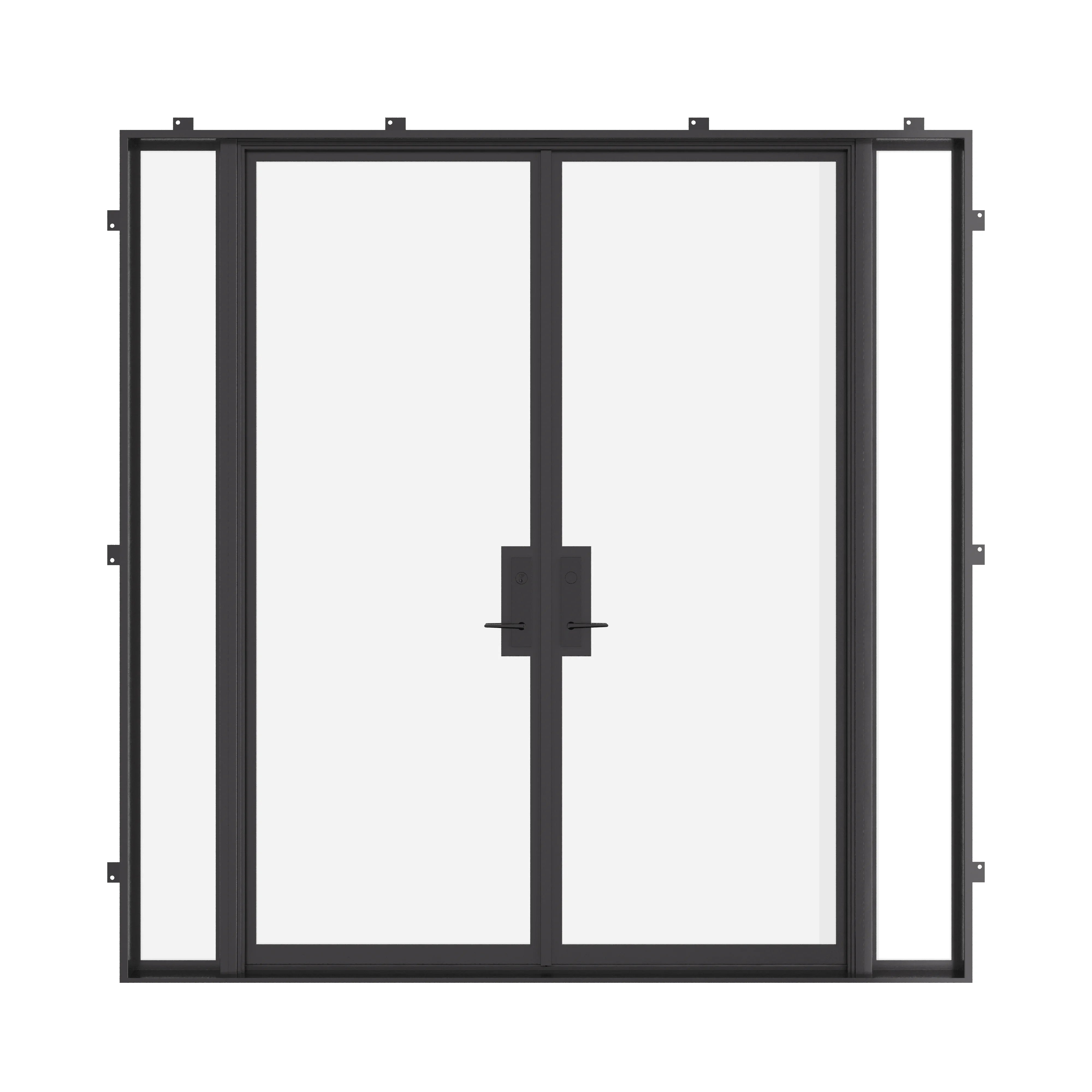 Double flat steel doors with sidelights, NFRC-rated and pre-hung.