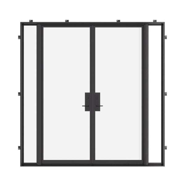Double flat steel doors with sidelights, NFRC-rated and pre-hung.