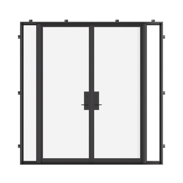 Double flat steel doors with thermal break and matching sidelights for expansive openings