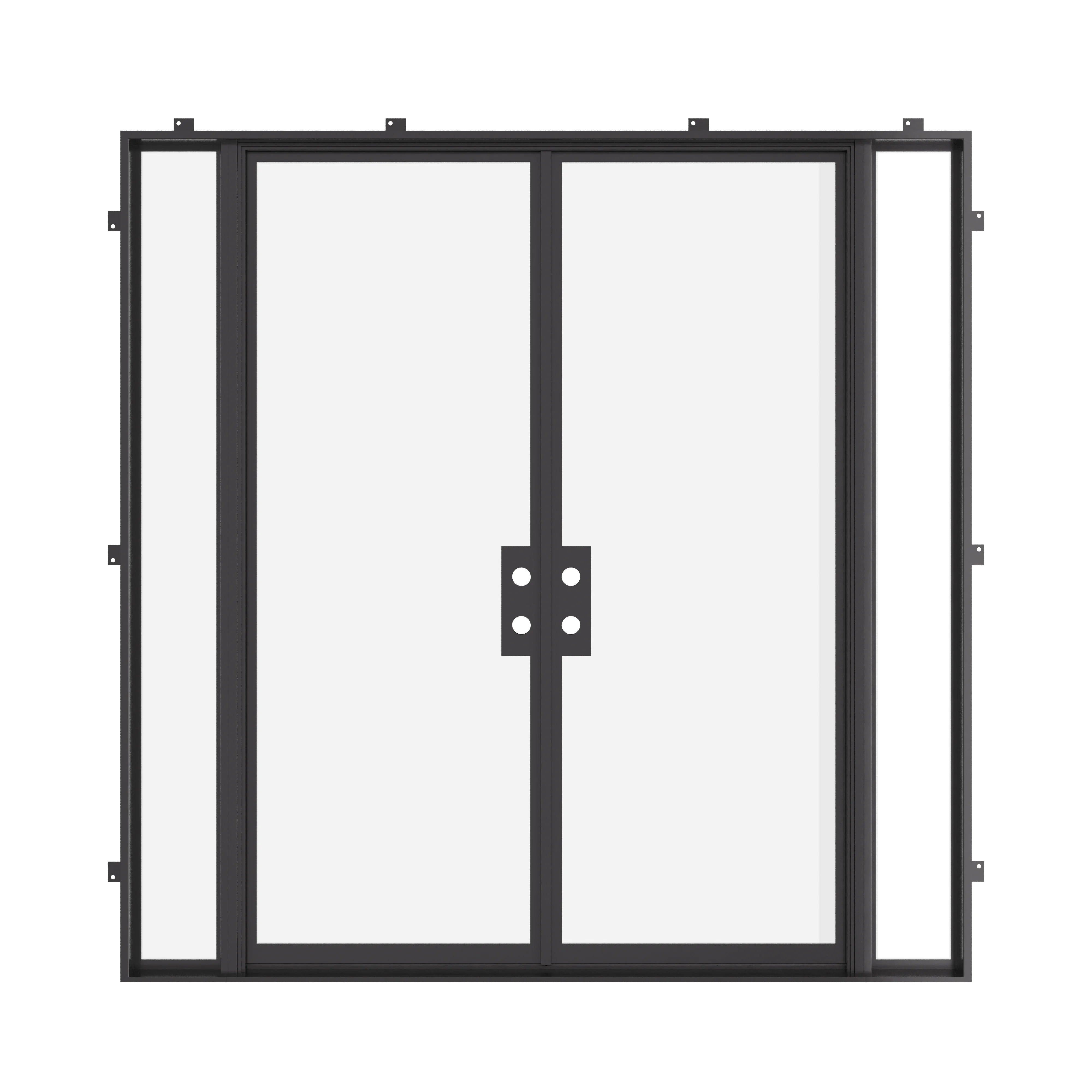 Exterior double flat steel door system with slim profiles.