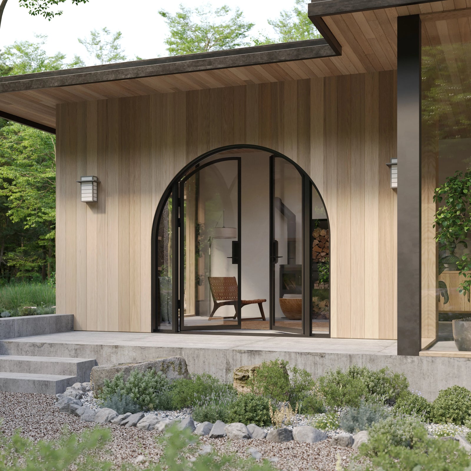 Paired full arch steel entry with side windows.