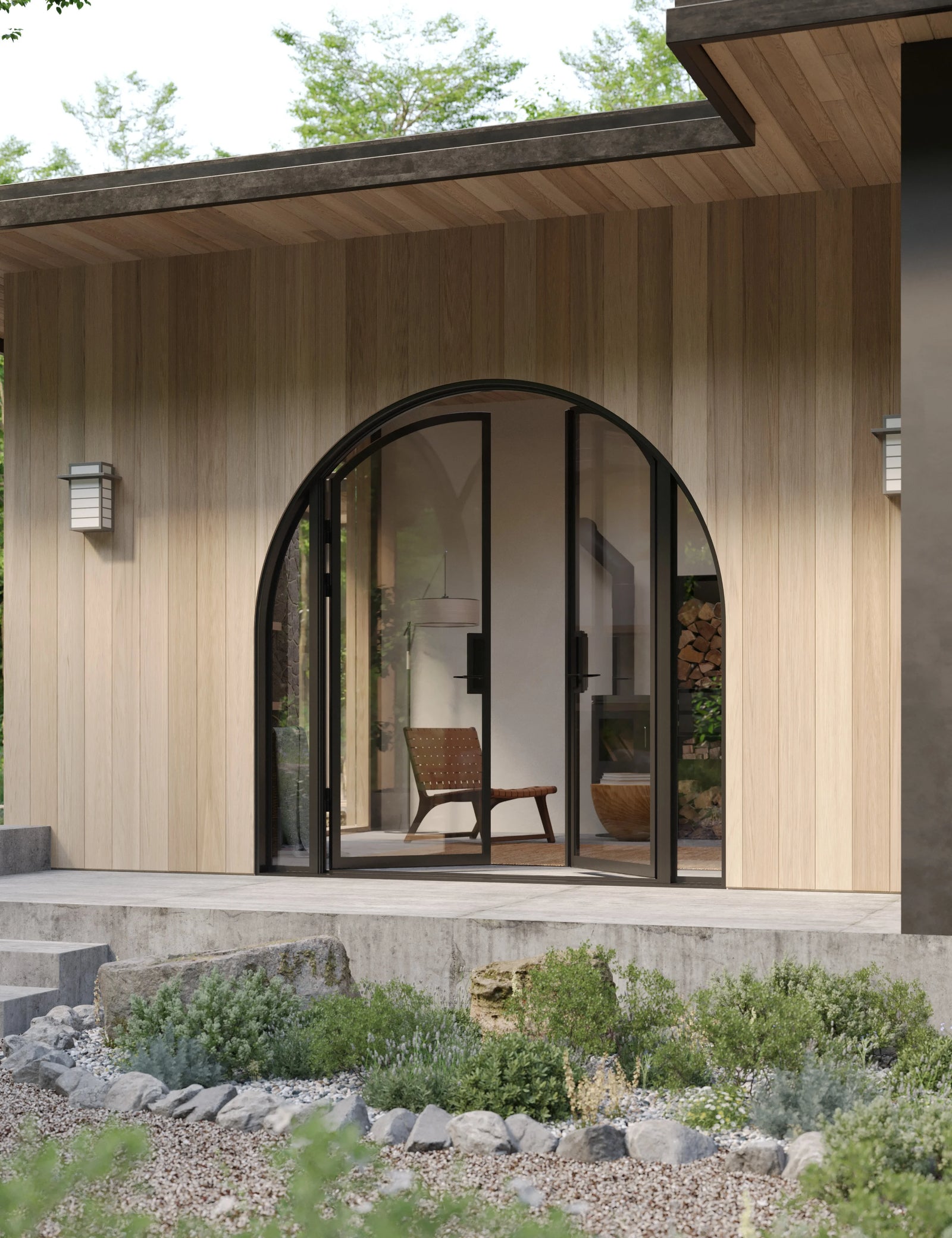 Paired full arch steel entry with side windows.